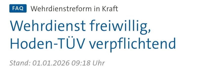 Screenshot Tagesschau: 
Wehrdienst freiwillig, Hoden-TÜV verpflichtend