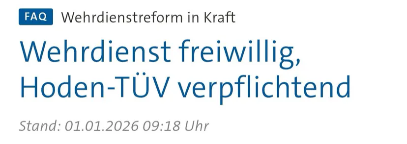 Screenshot Tagesschau:
Wehrdienst freiwillig, Hoden-TÜV verpflichtend