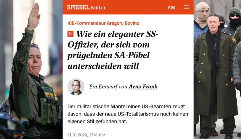 Eingerahmt von einem hitlergrußzeigenden Greg Bovino und Greg Bovino in seinem Mantel umringt von maskierten Nazis folgender Artikel:
ICE-Kommandeur Gregory Bovino
Wie ein eleganter SS-Offizier, der sich vom prügelnden SA-Pöbel unterscheiden will
Ein Einwurf von Arno Frank
Der militaristische Mantel eines US-Beamten zeugt davon, dass der neue US-Totalitarismus noch keinen eigenen Stil gefunden hat.