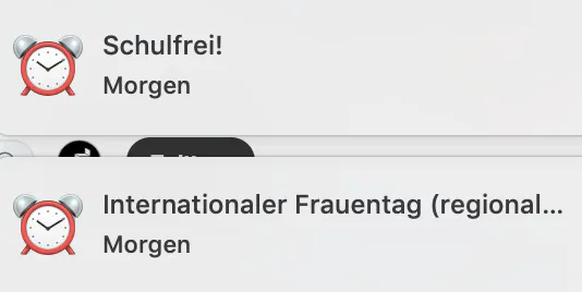 Kalenderhinweis: »Schulfrei! Morgen«, darunter: »Internationaler Frauentag. Morgen«