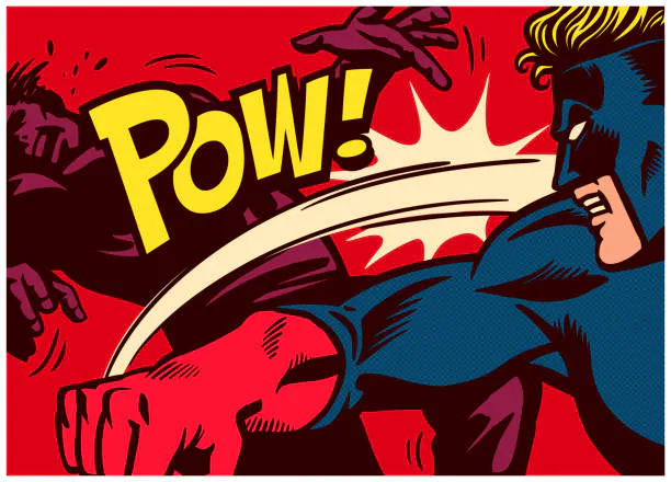 Bild im Comic - Stil, Mann im Superhelden - Outfit schlägt eine andere Person, Schriftzug: "Pow!"