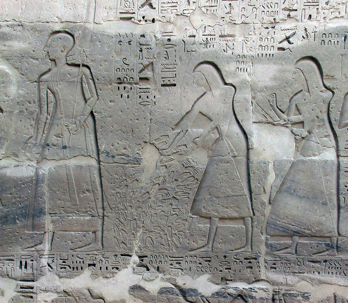 Totentempel Ramses III., Medinet Habu, Szene des "Hände sammelns, ein Schreiber hält die Anzahl fest