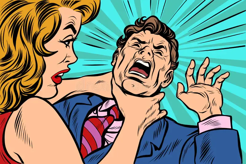 Bild im Comic-Stil, Frau würgt einen Mann