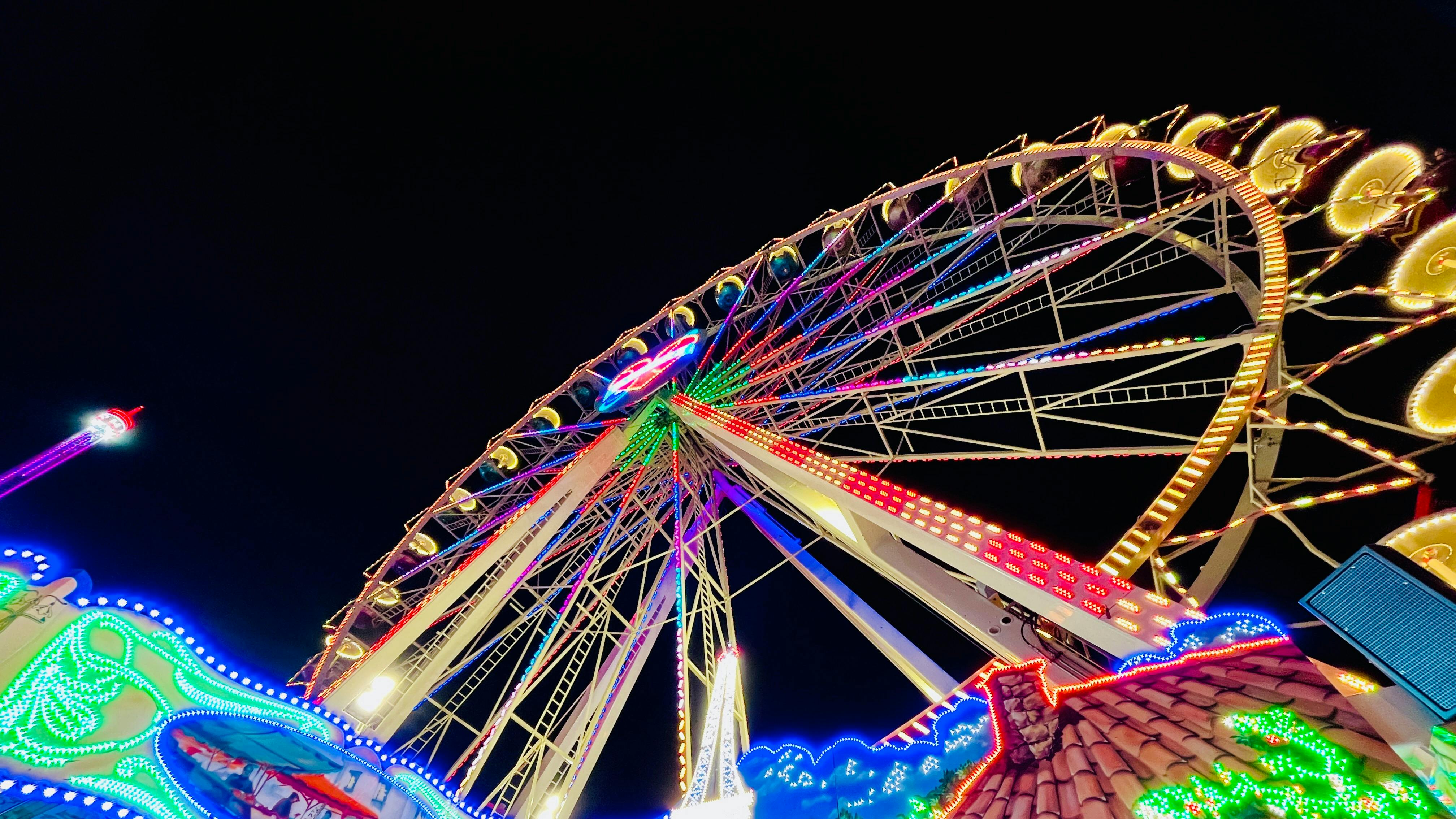 Riesenrand von unten fotografiert auf einer Kirmes bei Nacht.