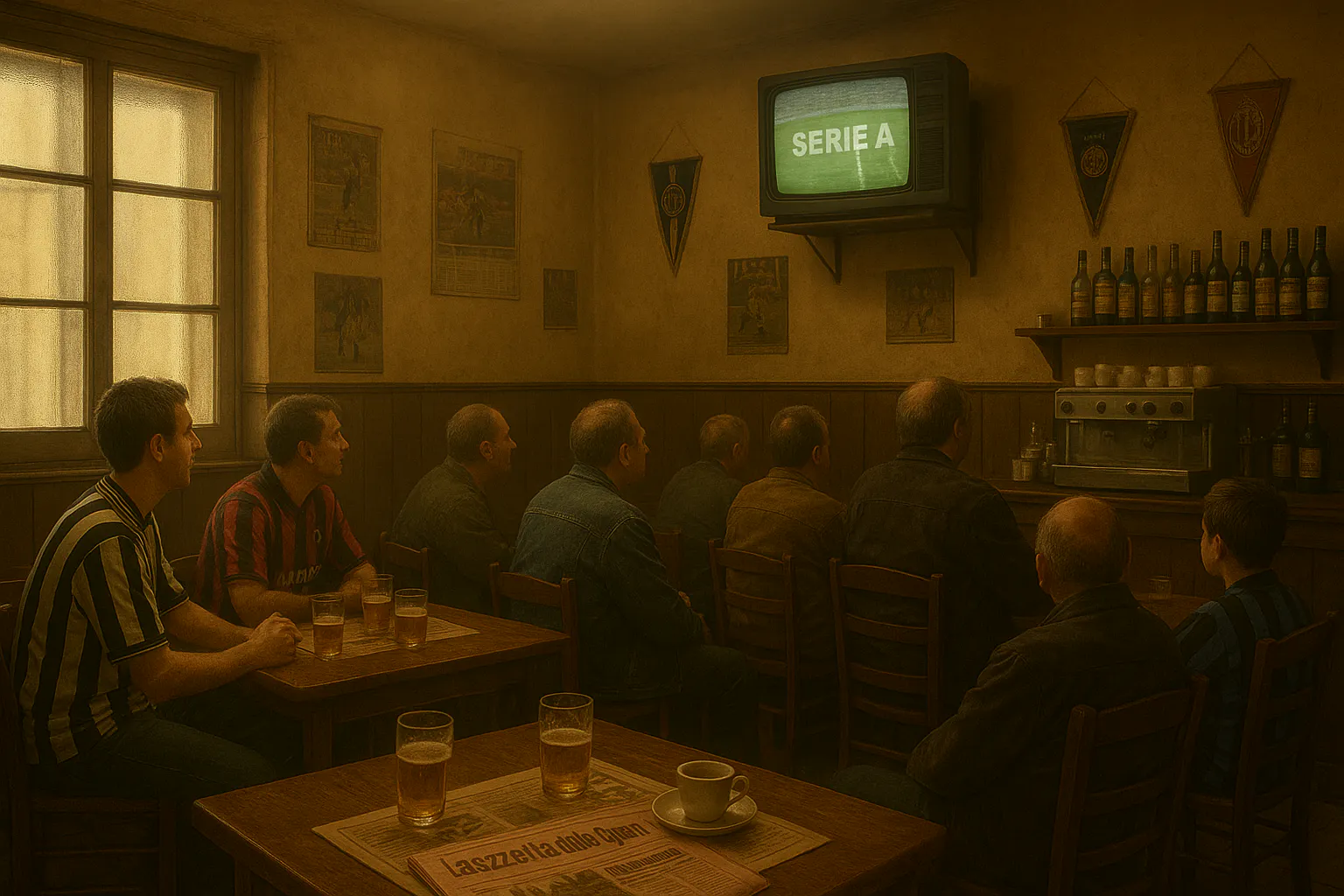 KI-generiertes Bild: Italienische Bar Ende der 1990er/Anfang der 2000er Jahre, warme nostalgische Atmosphäre. Holz-Tische und -Stühle, leicht abgenutzt, mit Papier-Tischsets, auf denen die Logos der Biermarken Peroni und Moretti aufgedruckt sind. Halb leere Biergläser, Kaffeetassen und eine aufgeschlagene rosa Ausgabe der Gazzetta dello Sport auf einem Tisch. Rauchige Luft von Zigaretten, sanfte gelbliche Beleuchtung.
Wände dekoriert mit alten Fußballpostern, Kalendern von Serie-A-Teams und verblichenen Schals und Wimpeln (Juventus, Milan, Inter, Napoli). Im Hintergrund eine glänzende Chrom-Espressomaschine mit gestapelten Tassen, Flaschen mit italienischen Likören in Regalen.
Etwa zehn Männer unterschiedlichen Alters: Einige tragen Fußballtrikots der Serie A (Juventus, Milan, Inter), andere Jacken oder Hemden, alle konzentrieren sich auf einen alten Röhrenfernseher, der hoch in der Ecke angebracht ist. Im Fernsehen läuft ein Spiel der Serie A, auf dem Spielfeld sind Spieler zu sehen und das Wort „Serie A“ ist zu lesen.
Die Stimmung: nostalgisch und melancholisch, warme Farben, leicht verblasste Töne, die das Gefühl einer vergangenen Ära und eines Rituals hervorrufen, das es nicht mehr gibt.