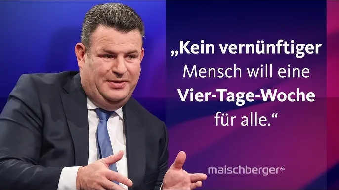 Sharepic von Maischberger: Hubertus Heil vor pinkem Studiohintergrund, darüber das Zitat: Kein vernünftiger Mensch will eine Vier-Tage-Woche für alle"