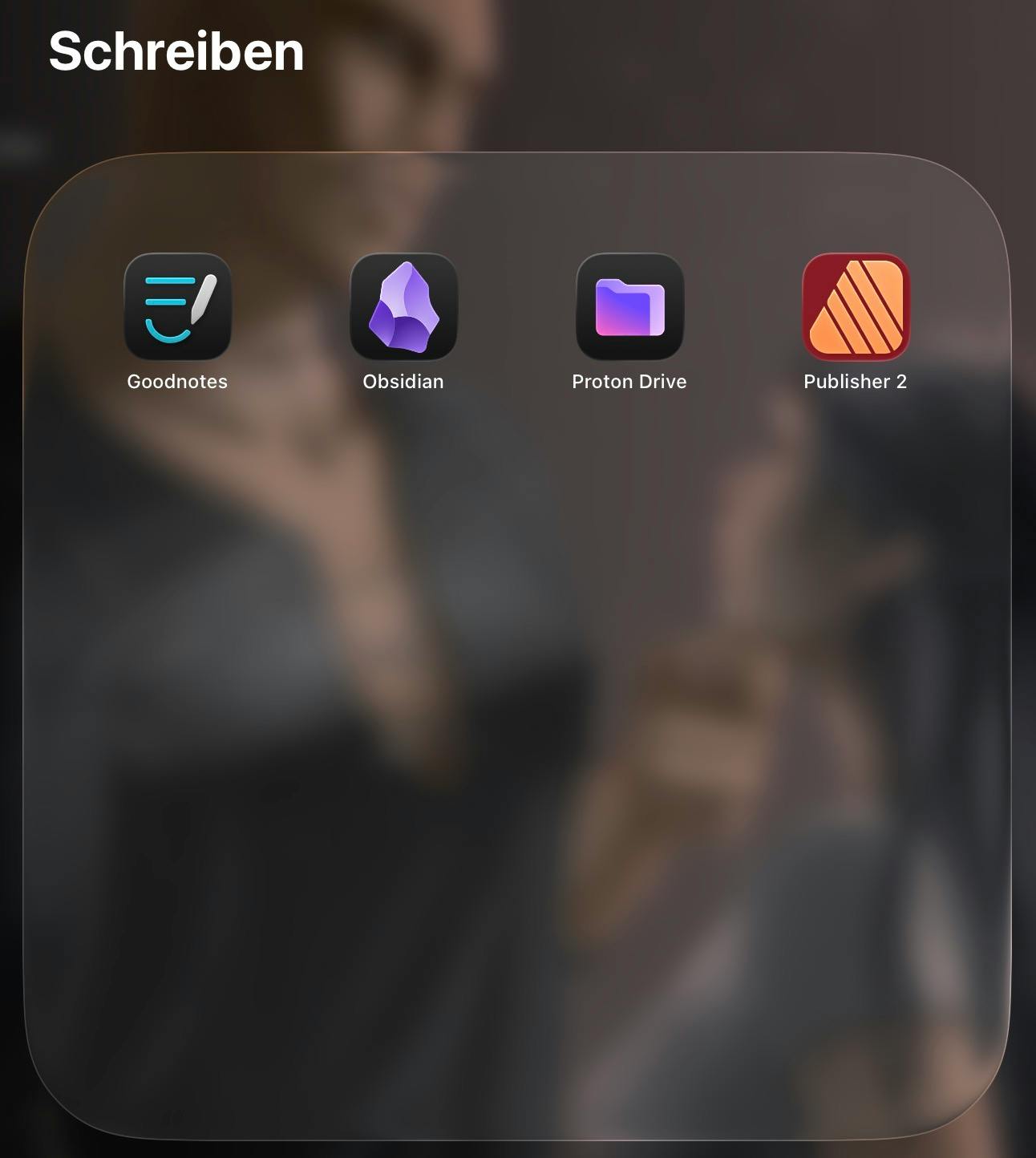 Screenshot meines Schreibordners auf dem iPad mit Goodnotes, Obsidian, Proton Drive und Publisher 2