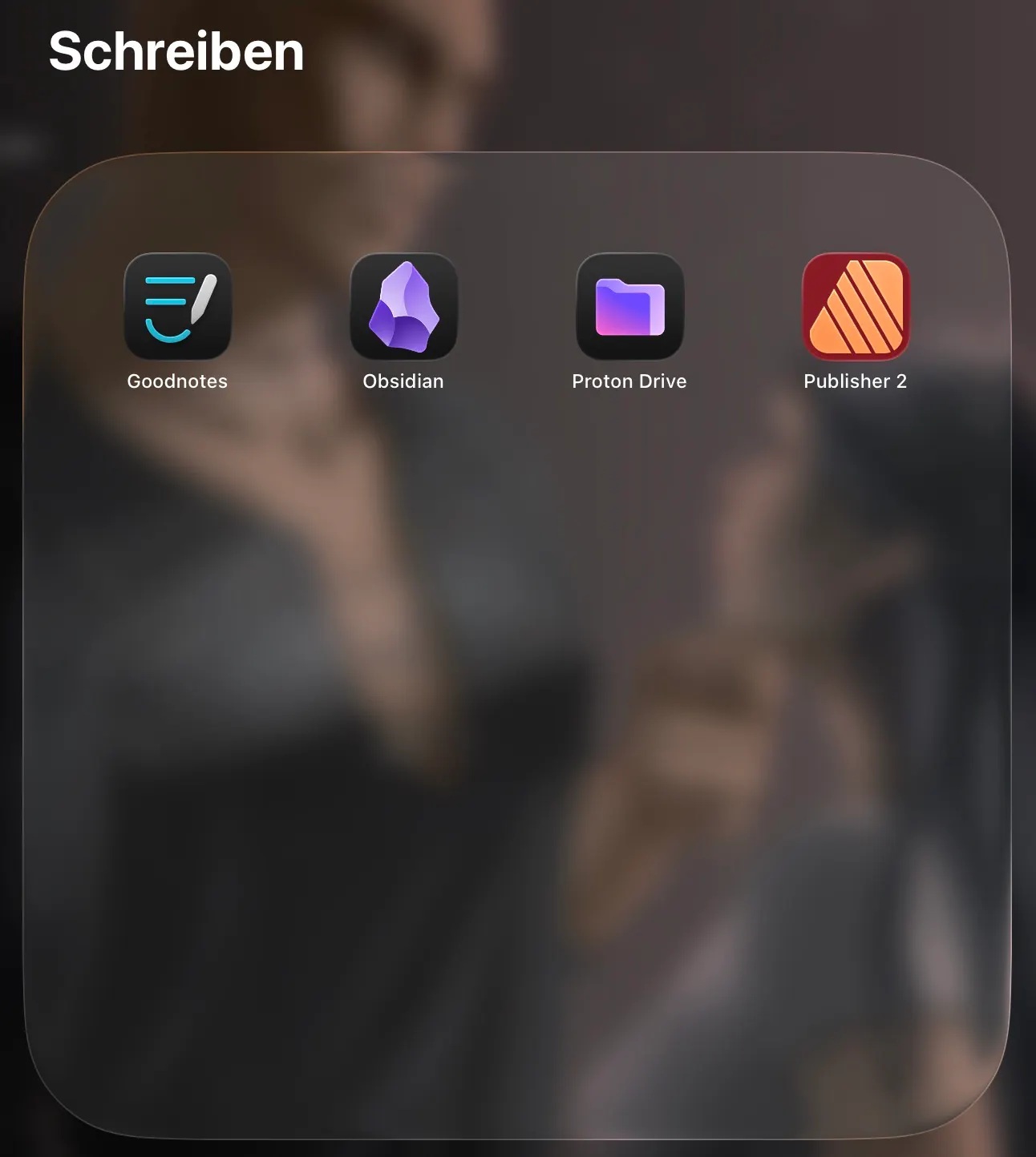 Screenshot meines Schreibordners auf dem iPad mit Goodnotes, Obsidian, Proton Drive und Publisher 2