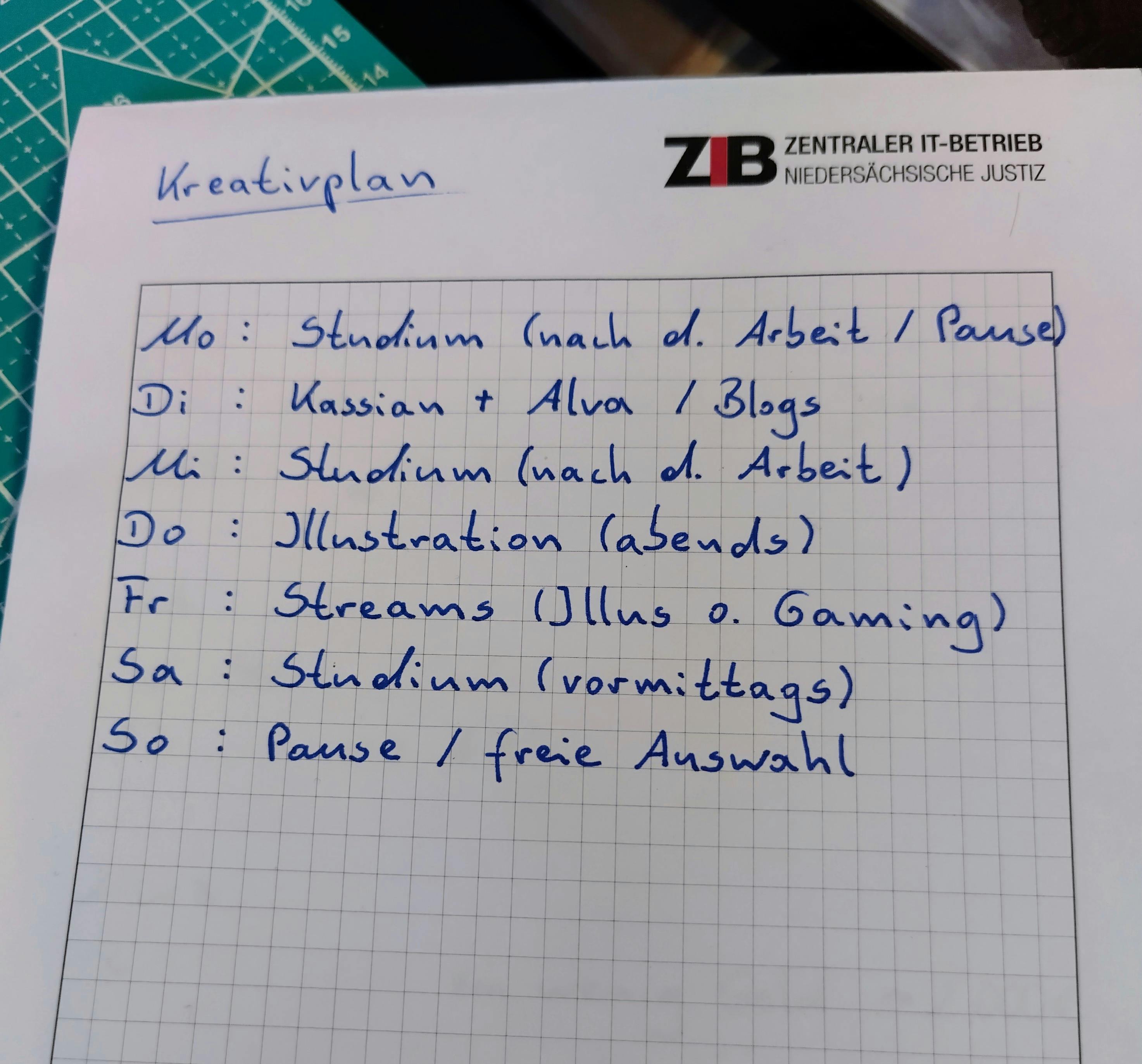 handgeschriebene To-Do-Liste für kreative Dinge unter der Woche mit Studium, Schreibprojekt, Blog, Illustrationen und Streams
