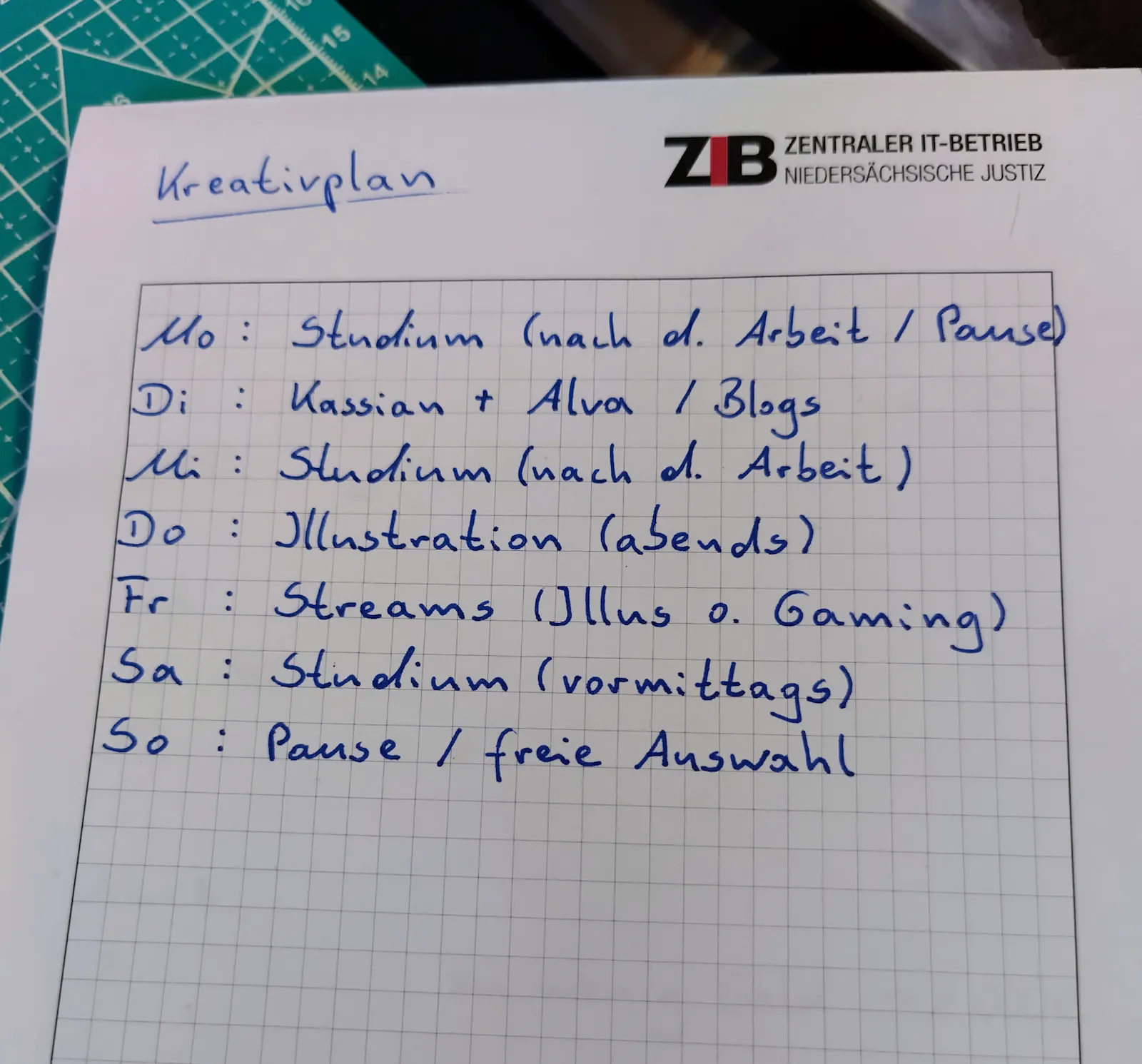 handgeschriebene To-Do-Liste für kreative Dinge unter der Woche mit Studium, Schreibprojekt, Blog, Illustrationen und Streams