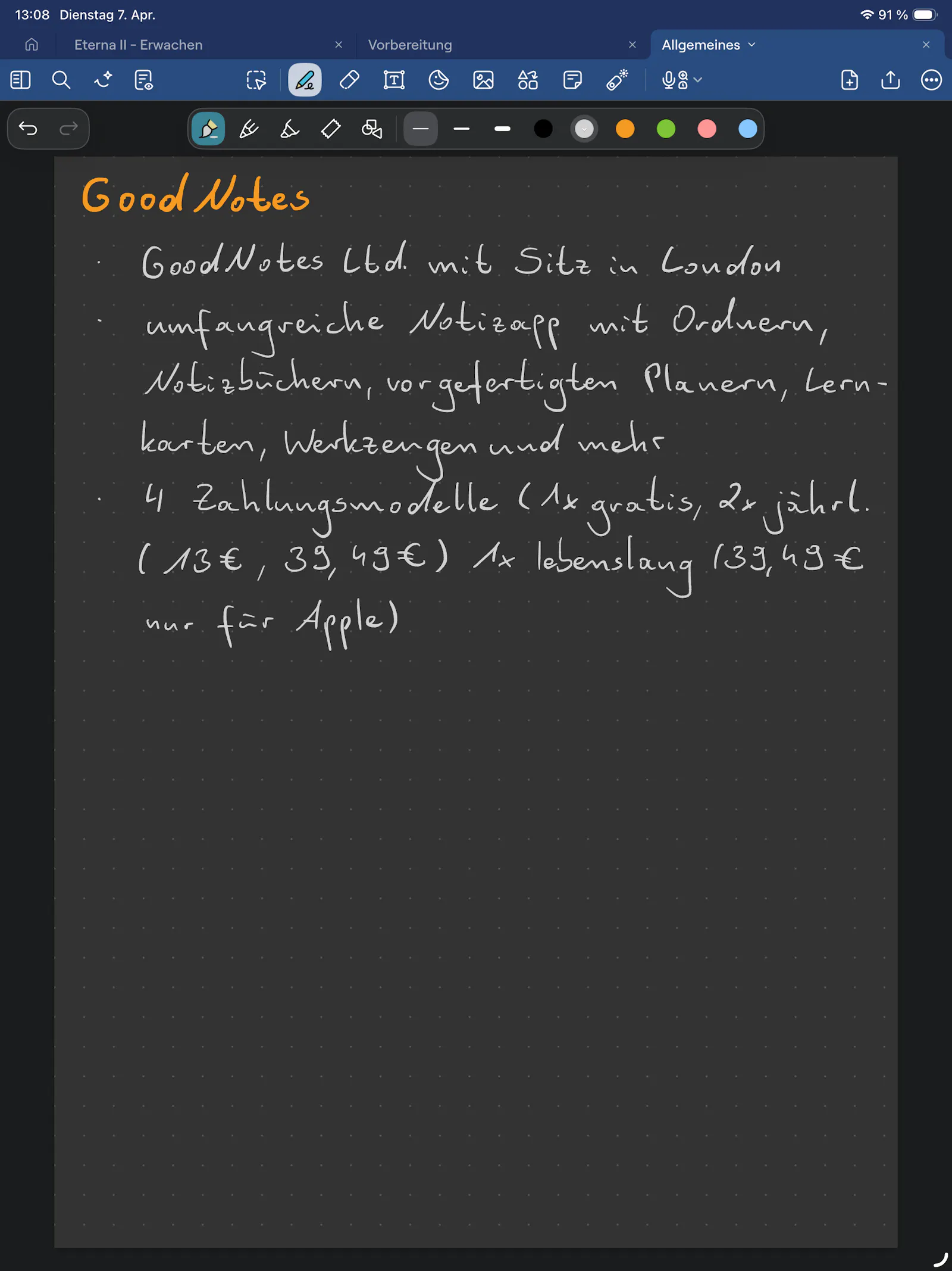 Screenshot handschriftlicher Notizen zur Goodnotes-App