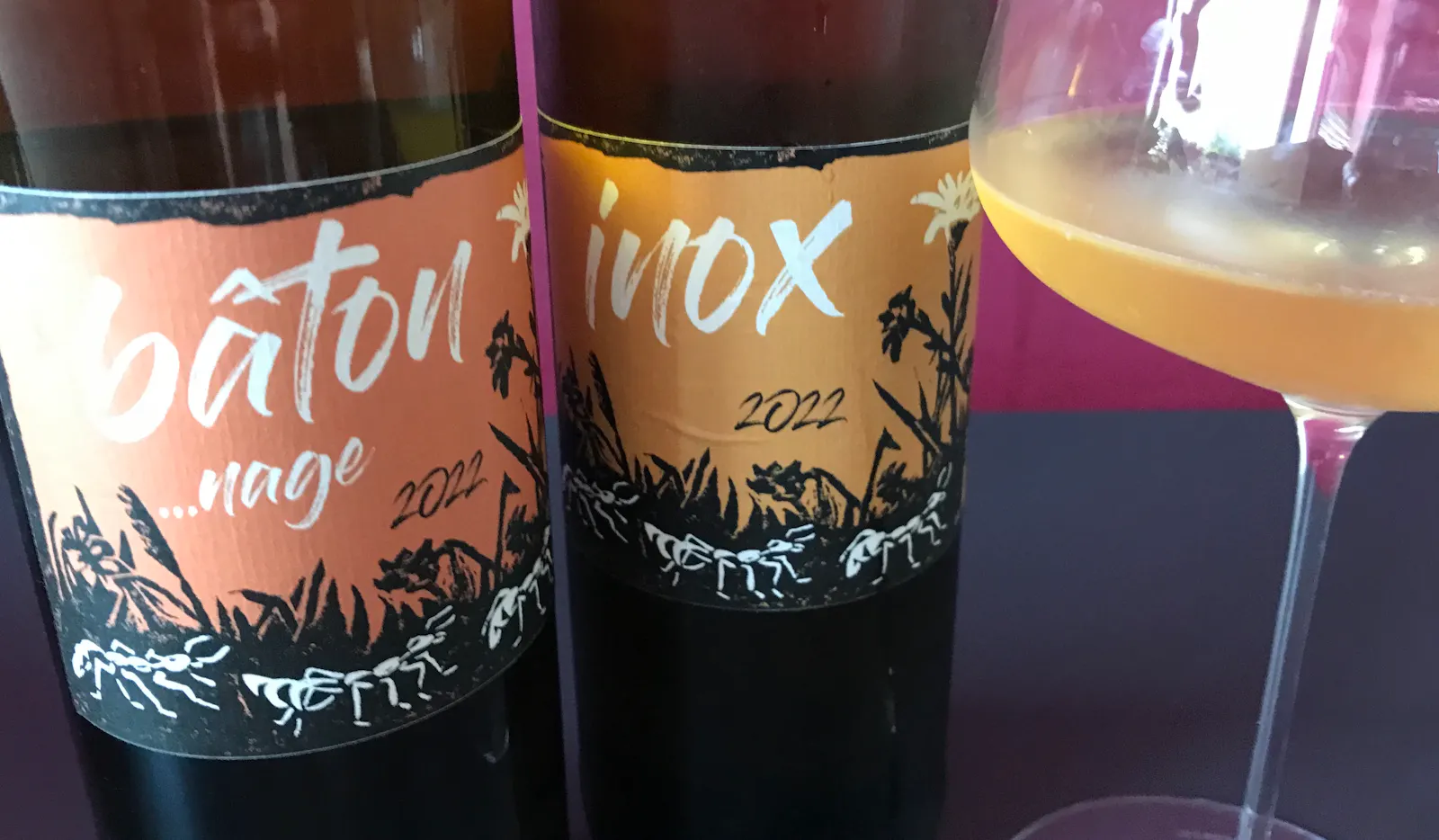 Zwei Flaschen Wein stehen auf einem Tisch neben einem mit Weißwein befüllten Weinglas