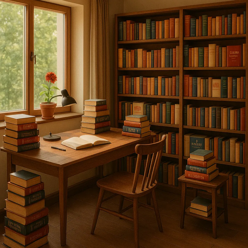 Ein kleiner Raum mit vielen Bücherregalen und einem Tisch am Fenster.