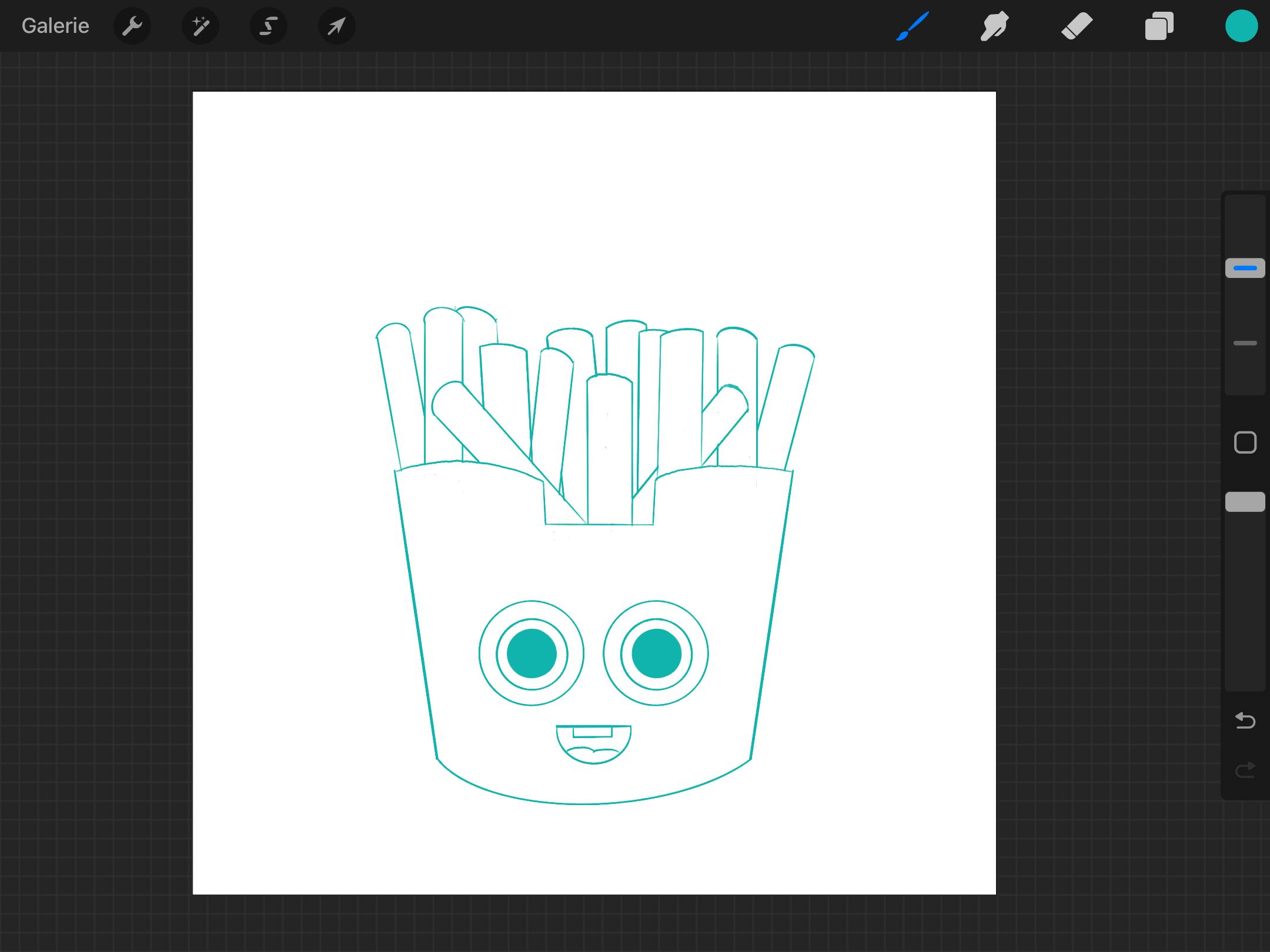 Pommes Tüte im Kawaii Cartoon Design bekommt Zähne und Zunge gezeichnet