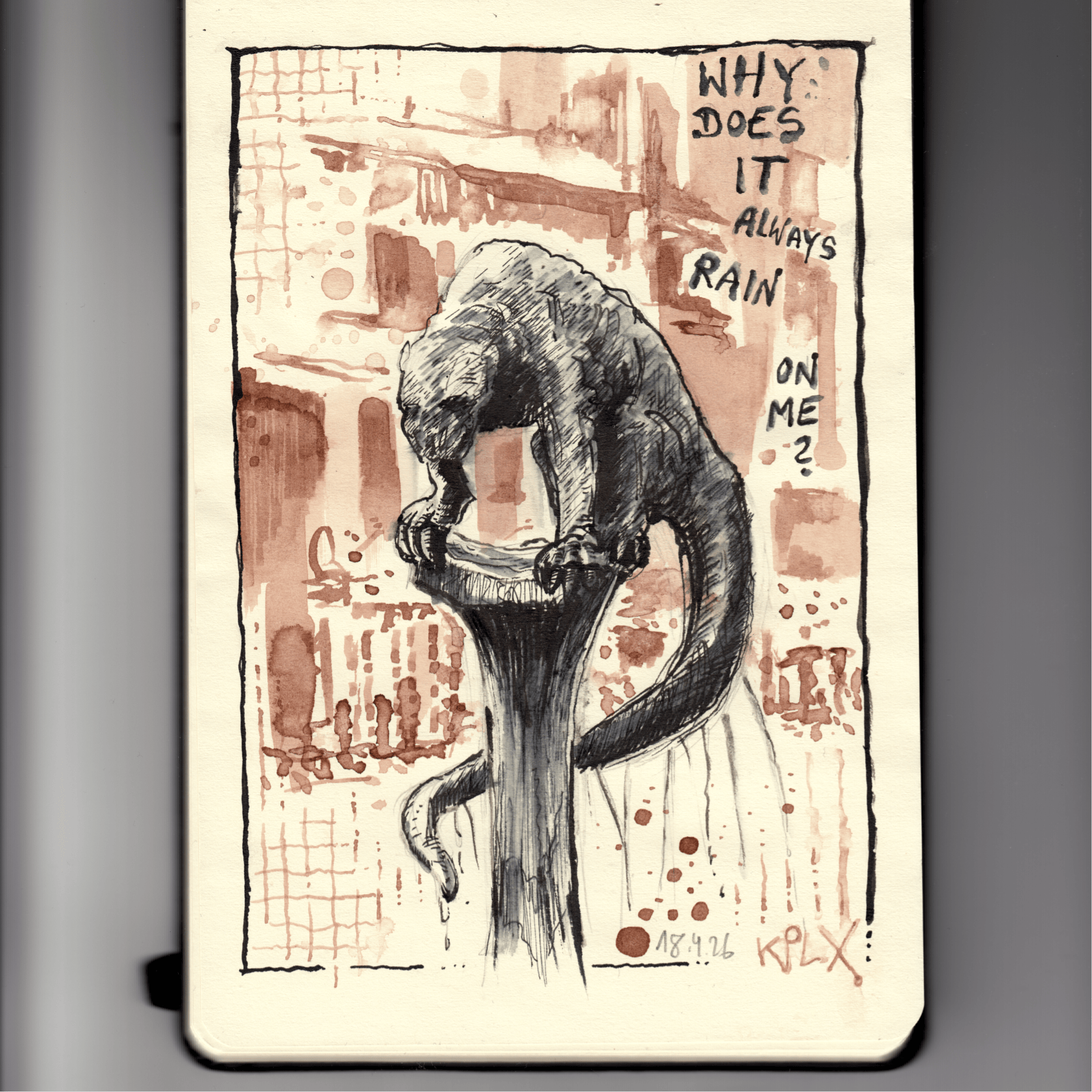 Urban Sketch: Ink Black and Sepia Drawing in my Sketchbook, Aachen Bahkauv-Brunnen