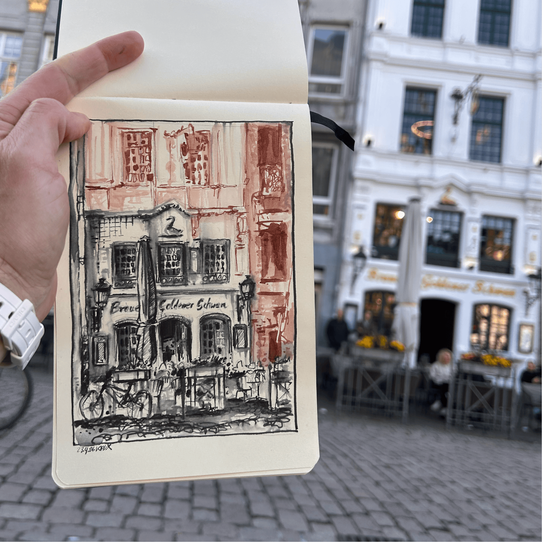 Urban Sketch, Sketchbook Ink drawing, Aachen, Brauerei Goldener Schwan, 23.4.26