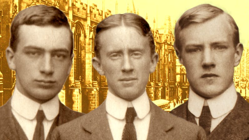 Robert Quilter Gilson, J.R.R. Tolkien and Christopher Luke Wiseman, 1910–11, against backdrop of King Edward's School, New Street, Birmingham