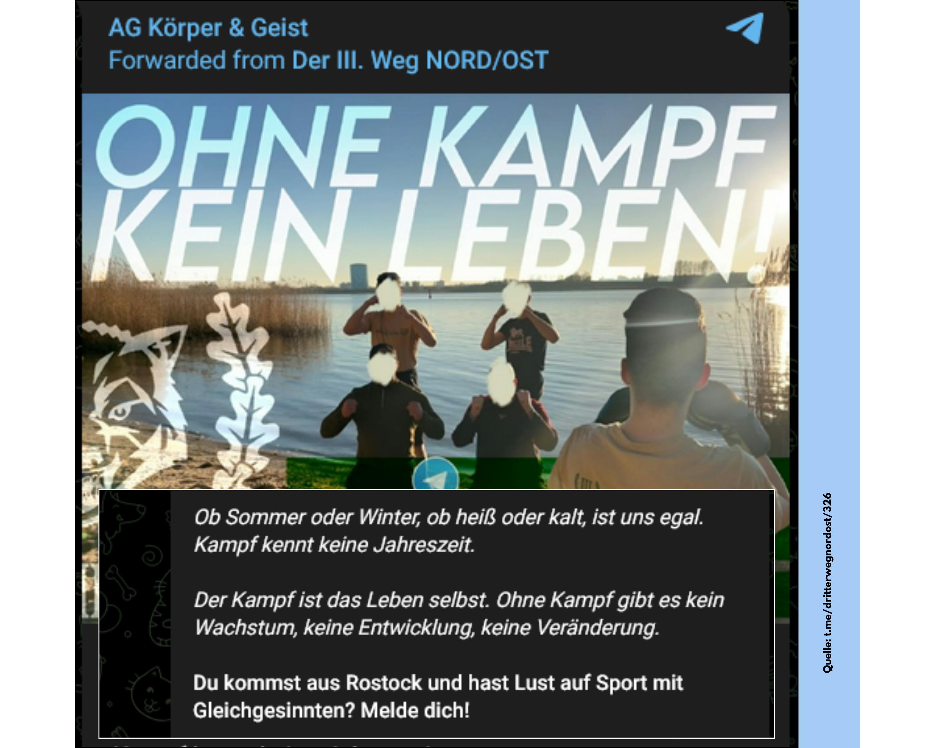 Der III. Weg postet auf Telegram regelmäßig von Treffen, auf denen Kampfsport trainiert wird. Denn "ohne Kampf [...] gibt es keine Veränderung".