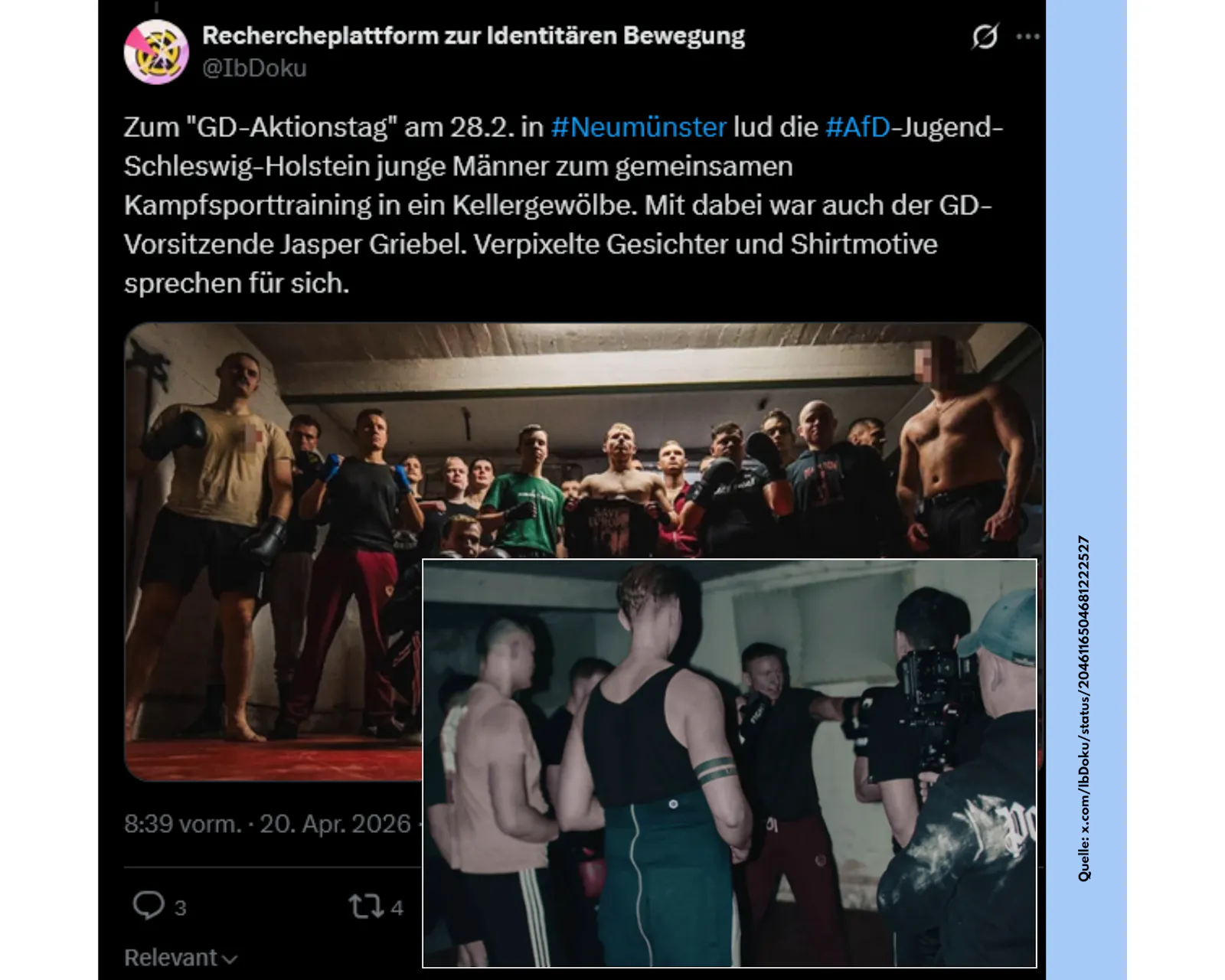 Die Rechercheplattform zur Identitären Bewegung hat mehrere Bilder von Kampfsporttreffen der Generation Deutschland gesammelt und in einem Thread auf X veröffentlicht.