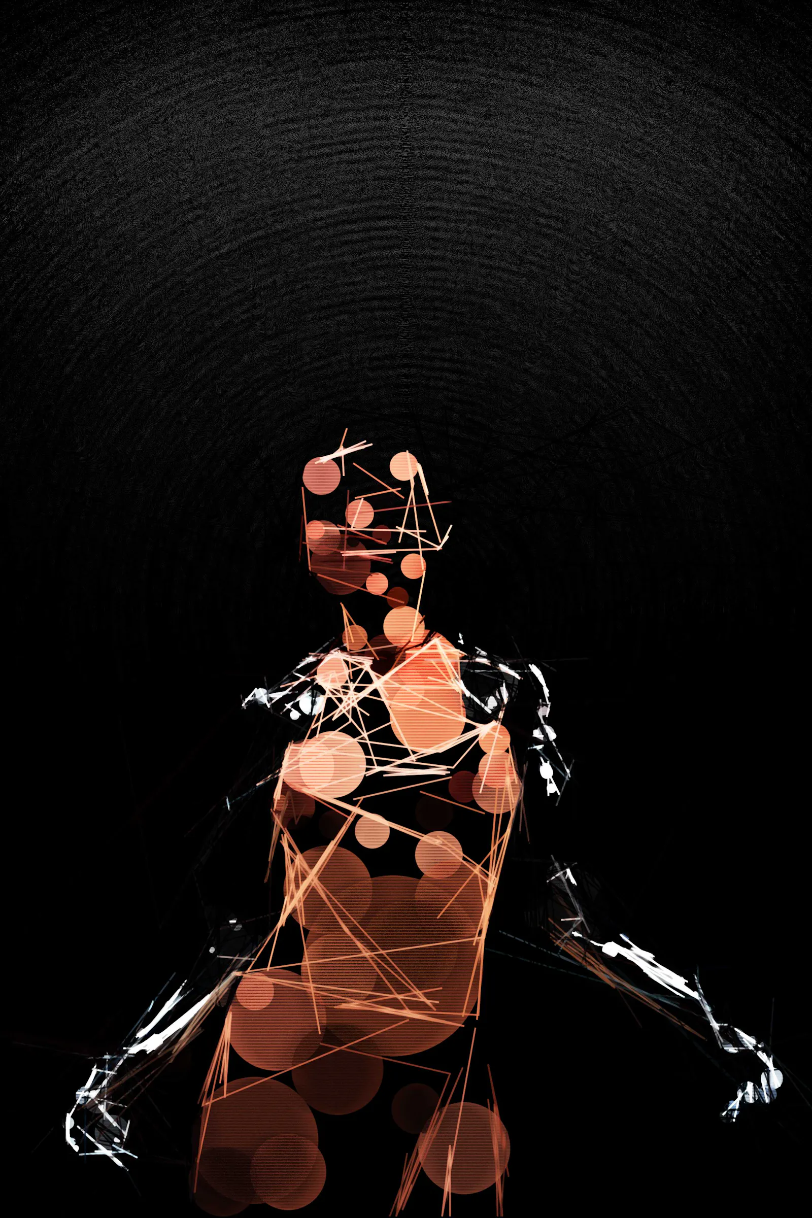 A person with mechanical arms poses for us. An expression made out of circles and lines.