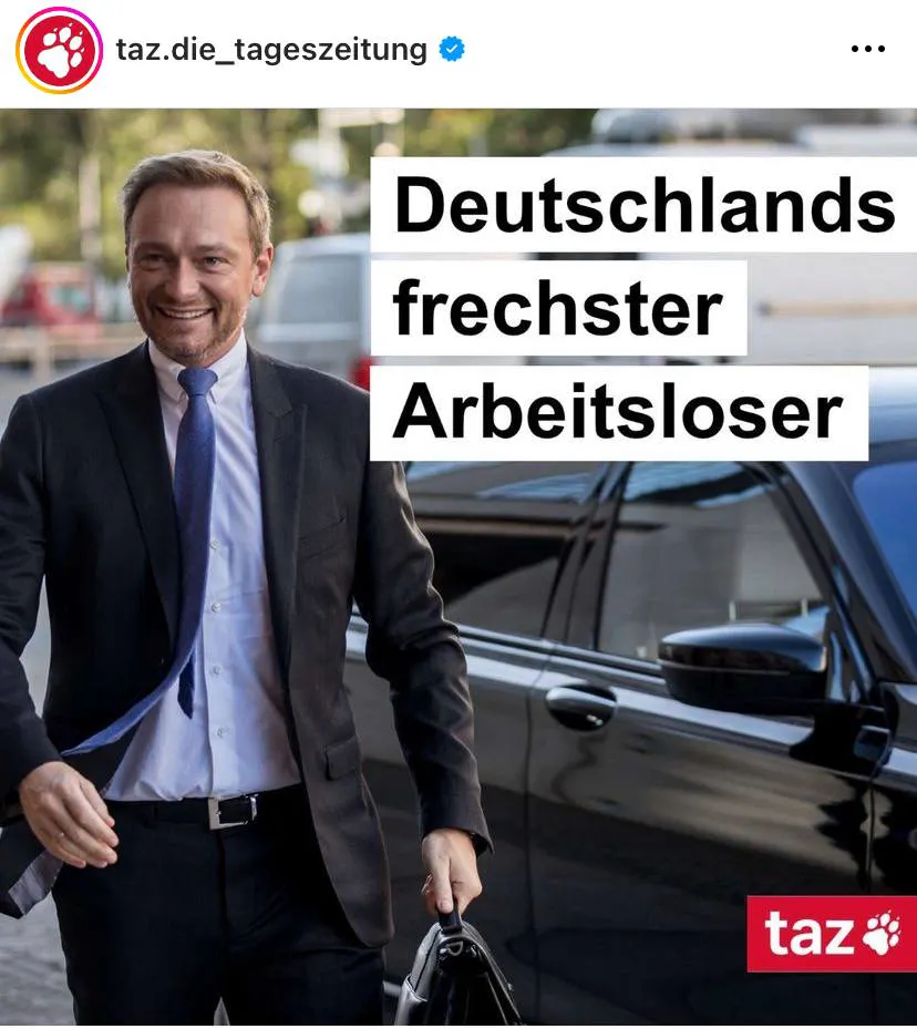 Bild von Lindner in der taz mit der Überschrift Deutschlands frechster Arbeitsloser