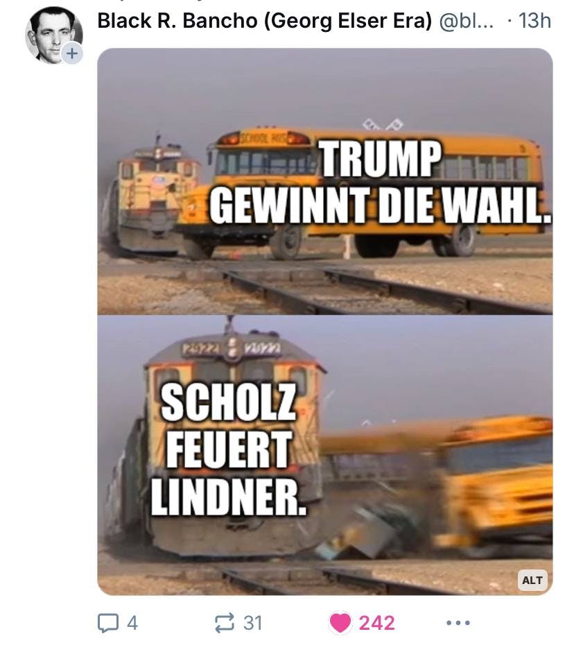 Meme: Bus (Trump gewinnt die Wahl), der von Zug (Scholz feuert Lindner) überrollt wird