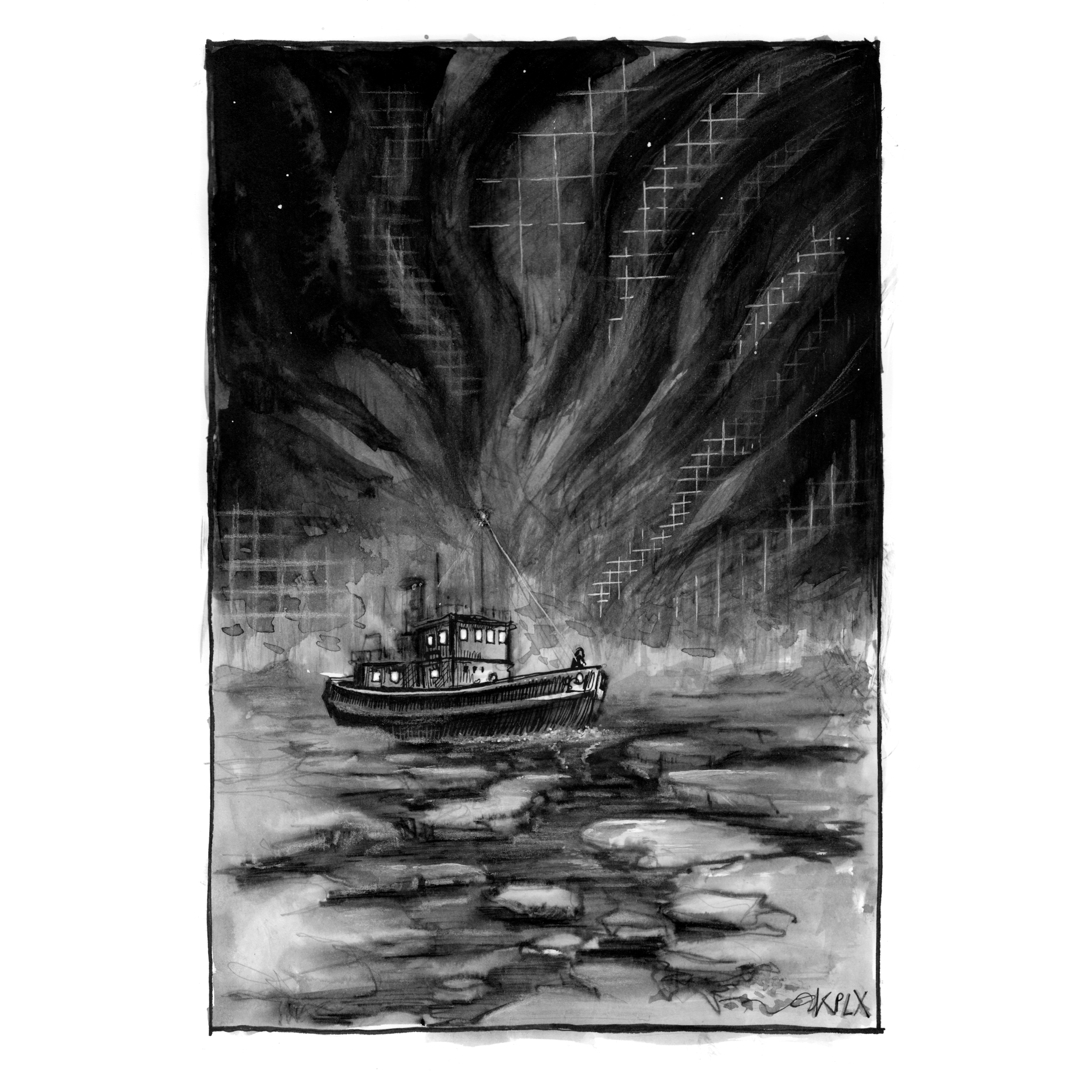 A black-and-white ink drawing shows a small boat navigating through icy waters. Above it, a dramatic sky unfolds with bright, grid-like light patterns resembling northern lights or an abstract luminous network. The boat appears isolated within the vast, mysterious scene, rendered with expressive contrasts and detailed ink shading.