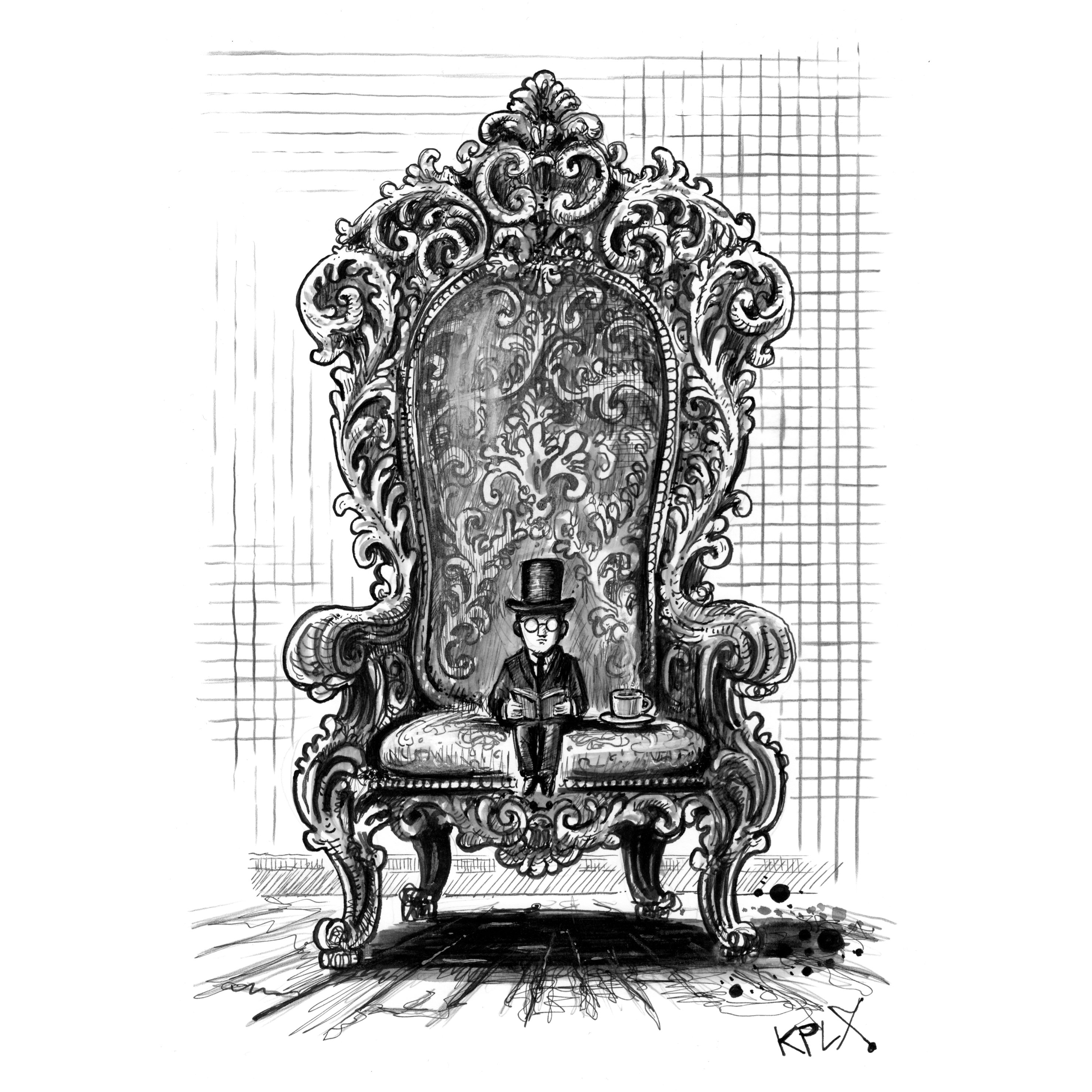 A detailed black-and-white ink drawing shows a tiny man wearing a top hat and glasses sitting on an enormous, ornately decorated throne. The throne is richly adorned with baroque carvings and swirling patterns, filling most of the image. Next to the man sits a small cup on the seat, while he calmly reads a book. Light and shadow emphasize the depth and texture of the throne, with fine cross-hatching and ink splatters adding character.