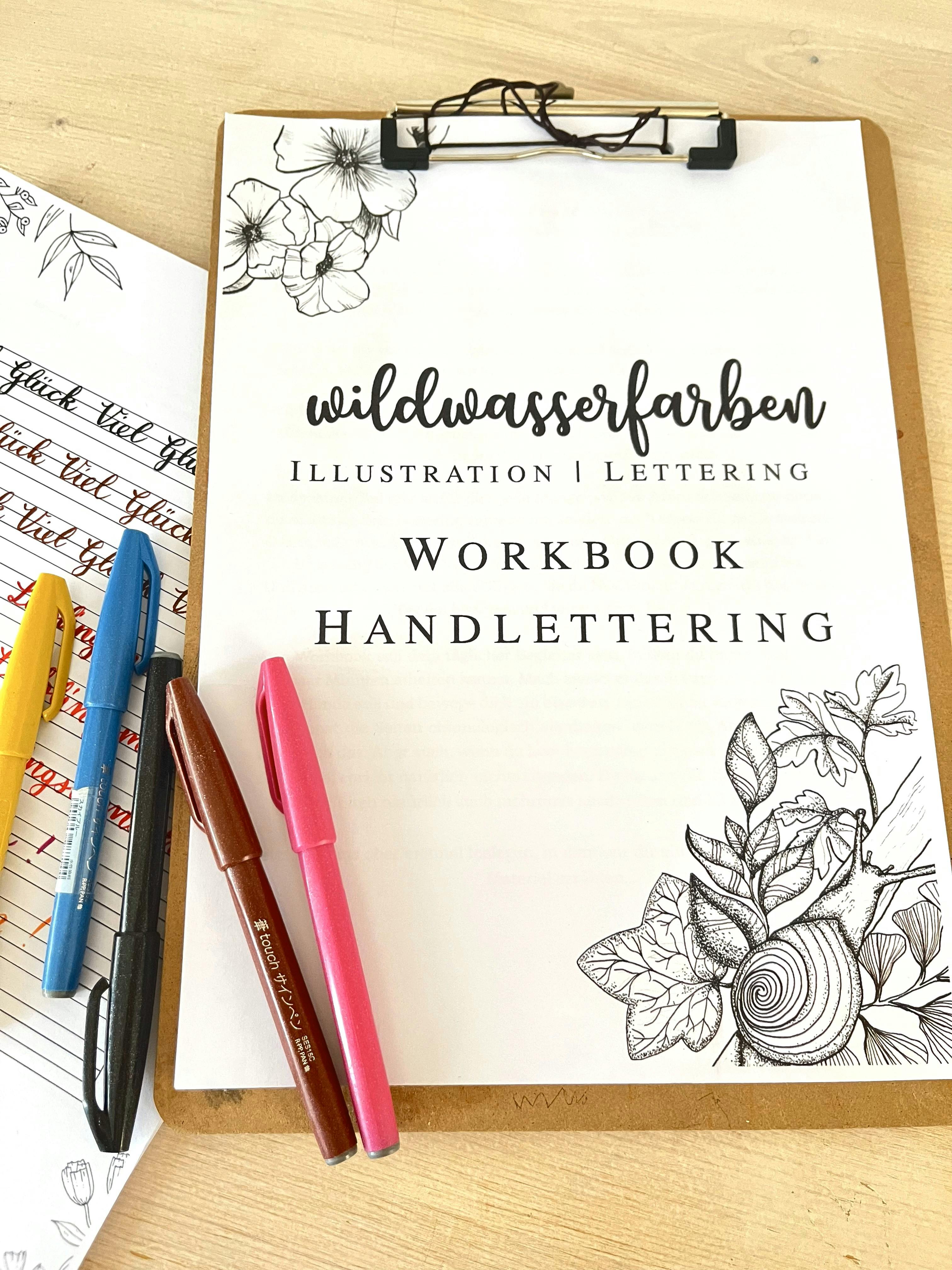 Titelbild vom Handlettering Workbook, Schwarz-weiß Seite mit bunten Brushpens