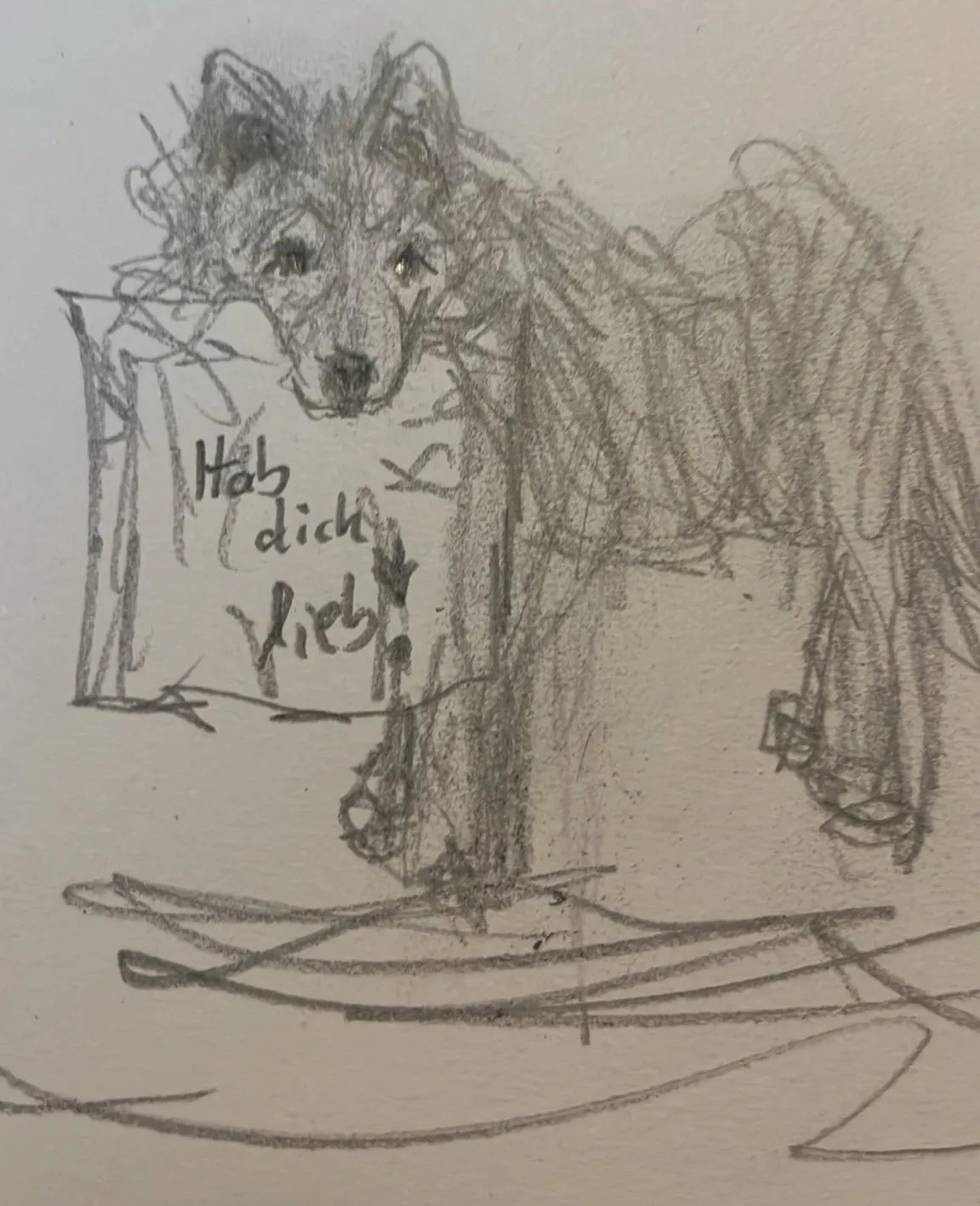 Ein Hund hält ein Schild oder Kissen im Maul, auf dem steht: "Hab dich lieb!"
Diese Skizze / Zeichnung basiert auf einem Foto vom Hund Sammy - sibirischer Schlittenhund / Samojede / weißer Spitz - der sich ein Kissen geschnappt hat, auf das die Tochter von Sonja Manderbach "Hab dich lieb!" gestickt hat.
Dieses Motiv hat einen Platz im Titelwind der Online-Zeitschrift RÜCKENWIND (ganz links unten im Bild) gefunden.