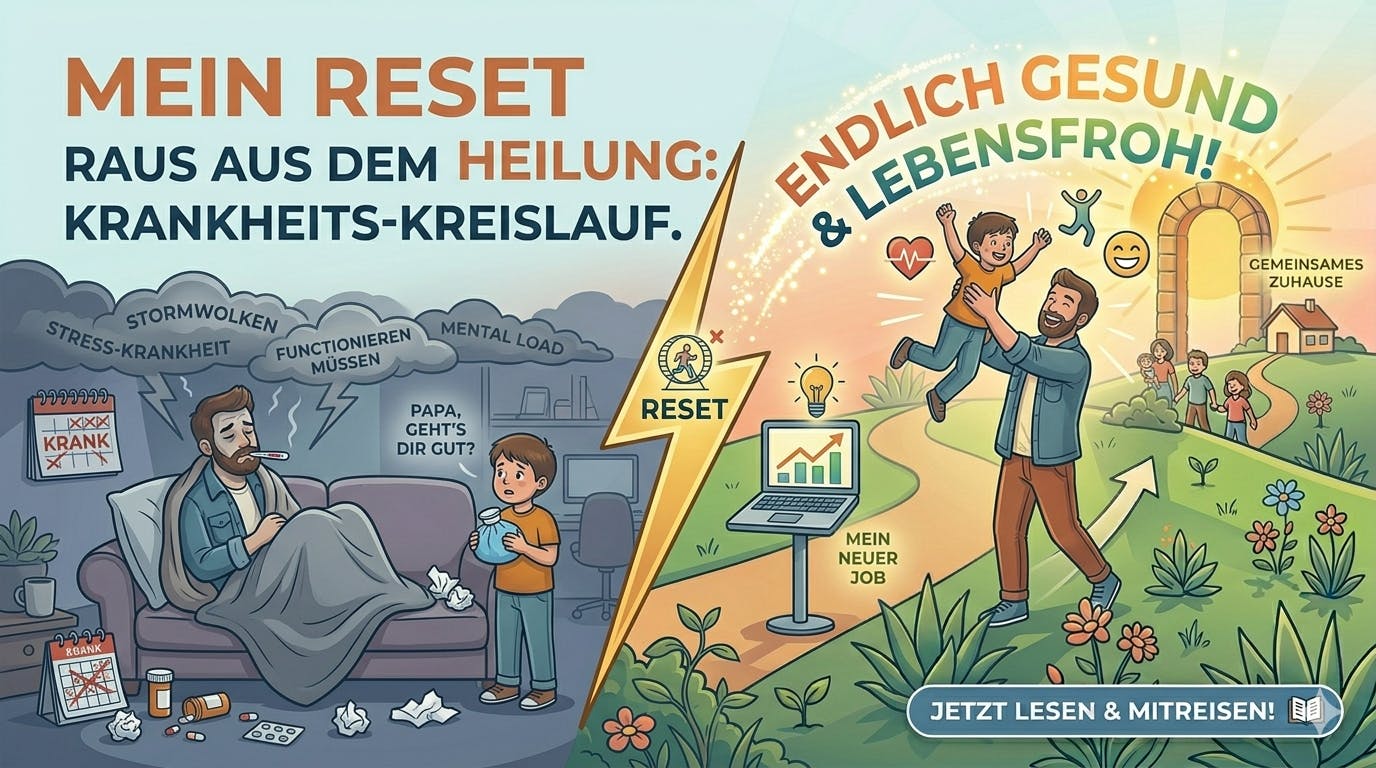 Ein geteiltes Beitragsbild für den vierten Blogpost von Papa Reset, das den Wandel eines alleinerziehenden Vaters visualisiert: Links ein kranker Vater im stressigen Umfeld von Mental Load und Sorgenwolken; rechts derselbe Vater, gesund, lebensfroh und voller Vitalität, der seinen Sohn hochhebt, symbolisch für den Neuanfang durch berufliche Freiheit und Gesundheit.
