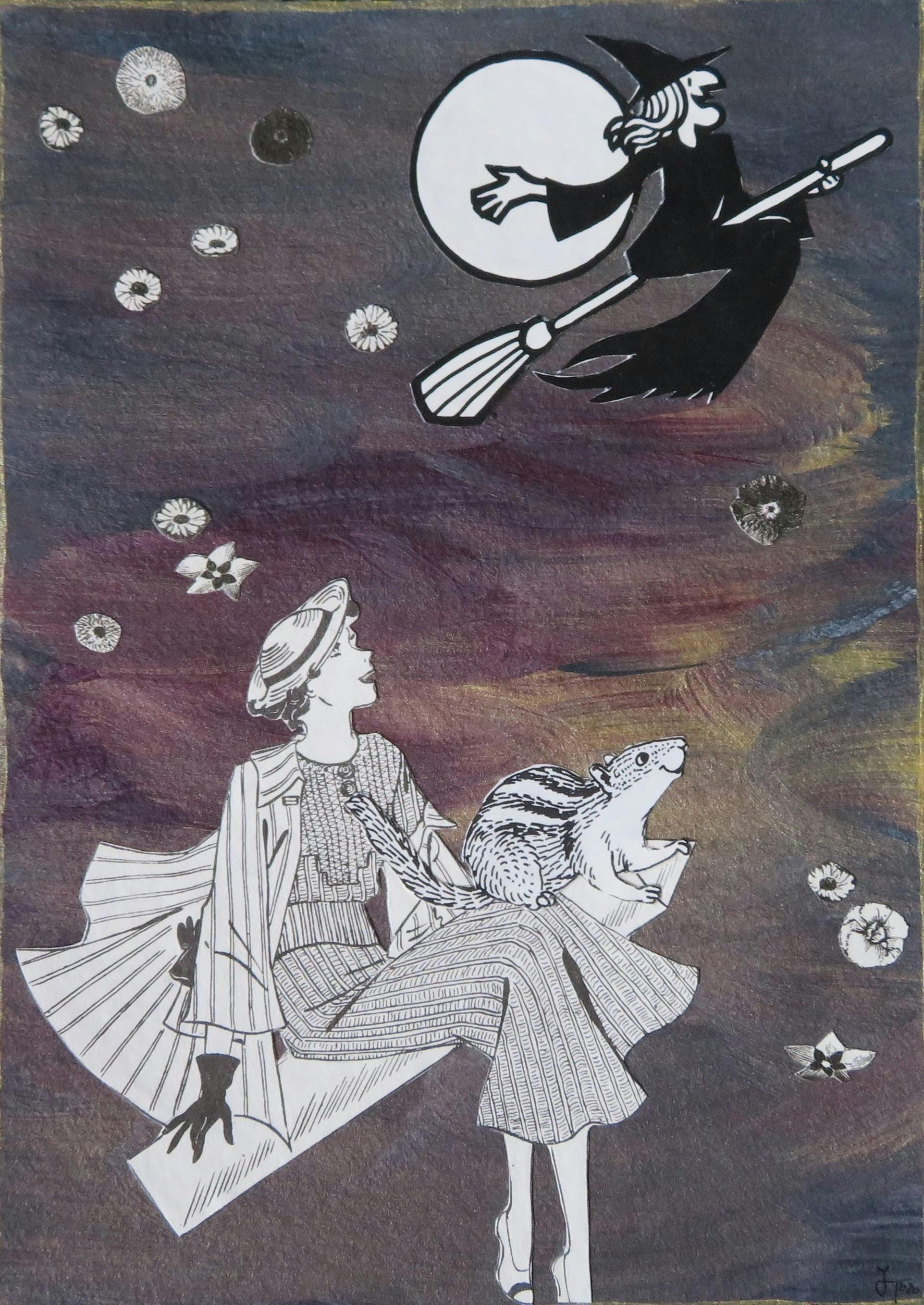Collage auf lila, blau und goldenem Grund. Der Mond scheint, Blüten stehen am Himmel wie Sterne oder sie scheinen, zu fallen. Zwei Frauen fliegen, eine auf einem Besen, eine auf einem großen Stift. Die vordere ist in 30er Jahre Kleidung gekleidet und auf ihrem Schoß sitzt ein Streifenhörnchen. Beide blicken hinauf. Über ihnen fliegt eine klassische Märchenhexe auf einem Besen. Sie trägt ein langes schwarzes Kleid und einen spitzen Hut. Alle blicken freundlich.