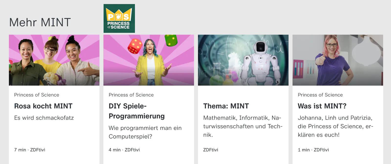 Screenshot der zdf-Seite mit Logo "Princess of Science"