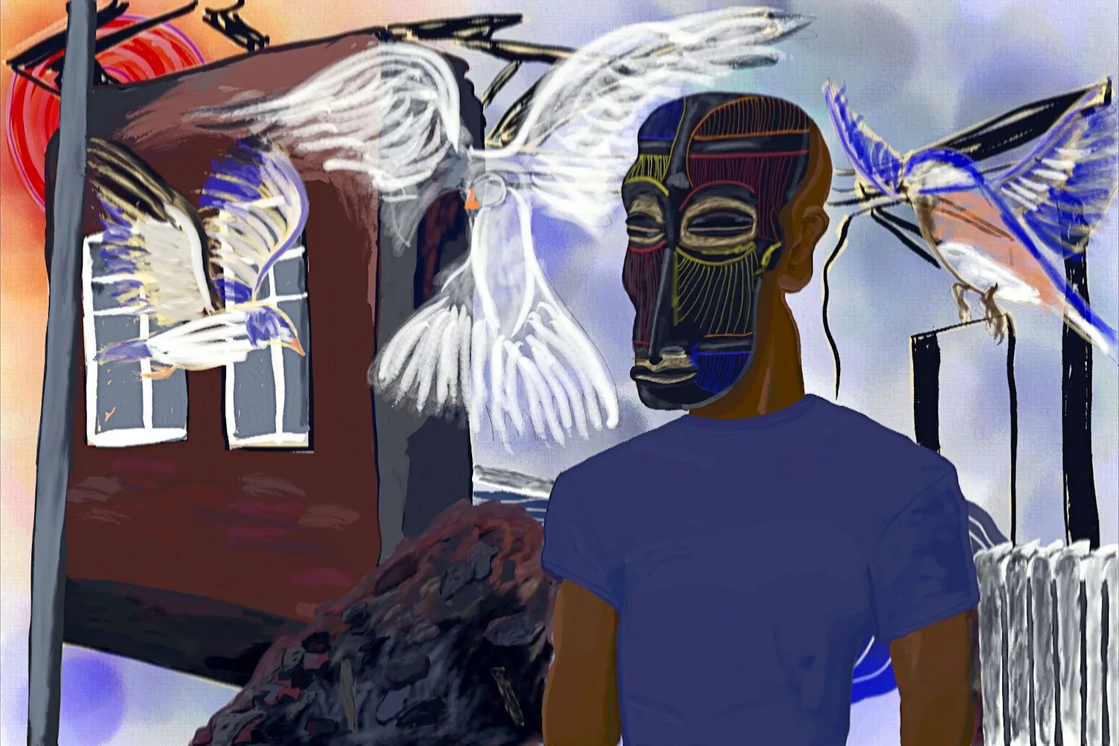 Ein junger dunkelhäutiger Mann mit einer afrikanischen Maske steht vor einer Ruine. Vögel umflattern ihn. Im Hintergrund geht die Sonne unter.