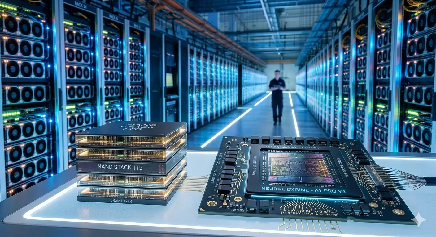 AI data center with glowing server racks.