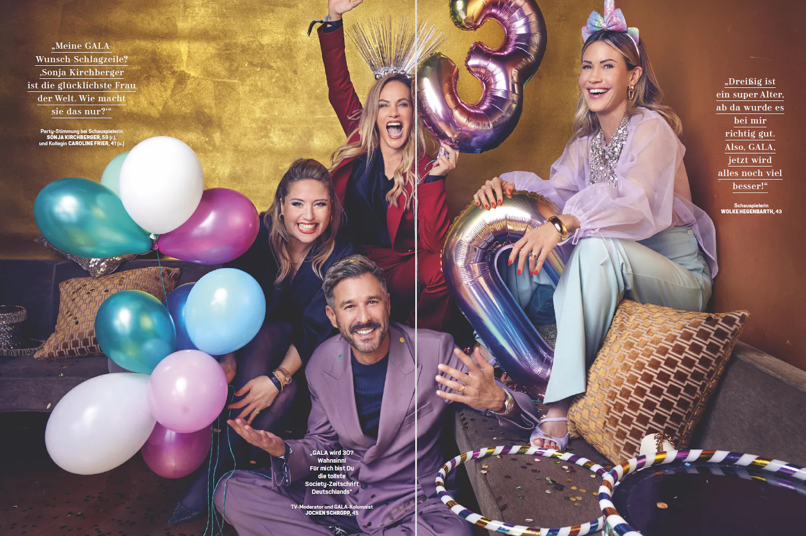 Doppelseite in der „Gala“: Sonja Kirchberger, Caroline Frier, Jochen Schropp und Wolke Hegenbarth gratulieren „Gala“ mit Luftballons.