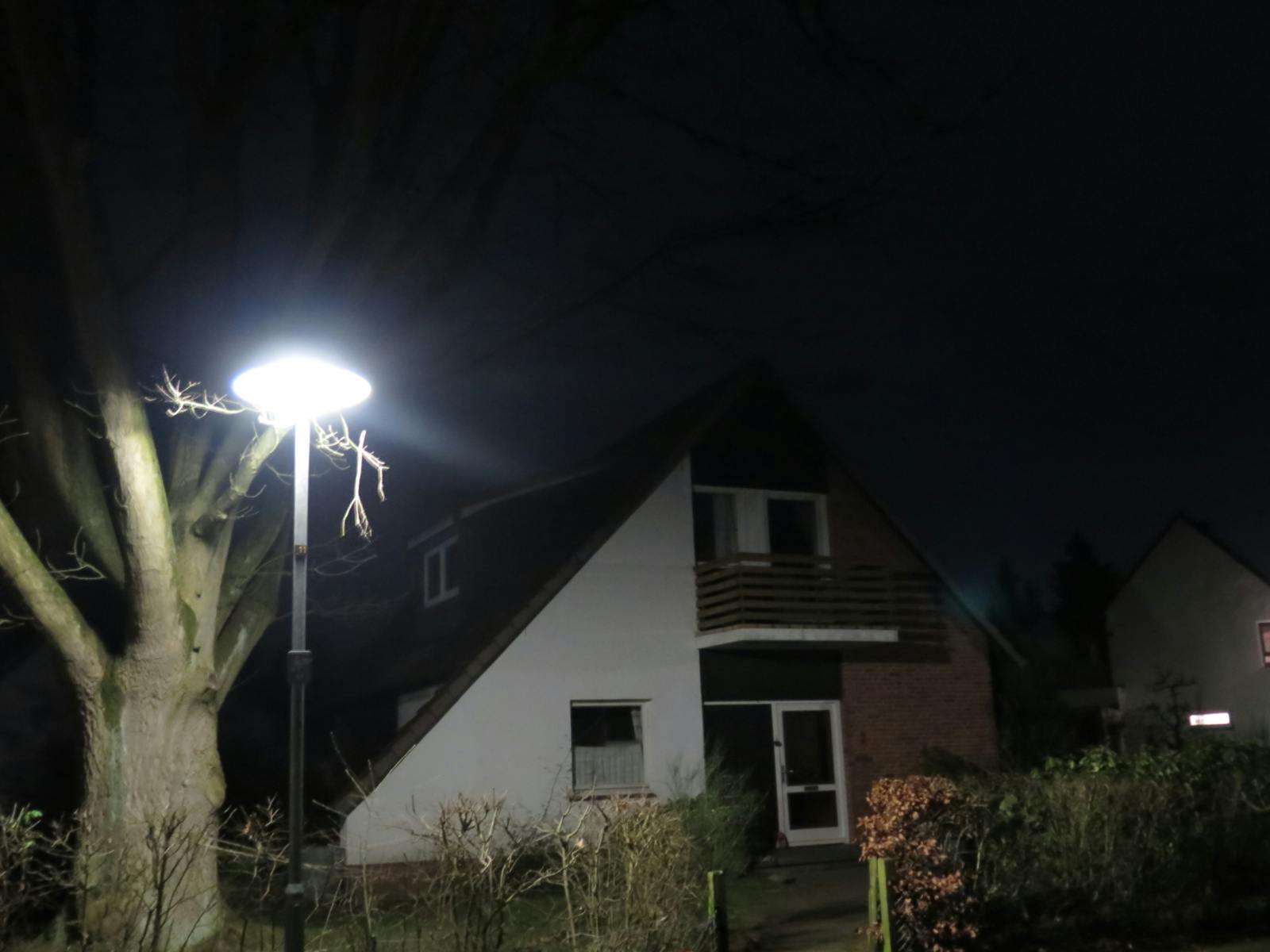 Nacht, ein großer Baum, eine Straßenlaterne, ein einsames Haus mit Balkon.
