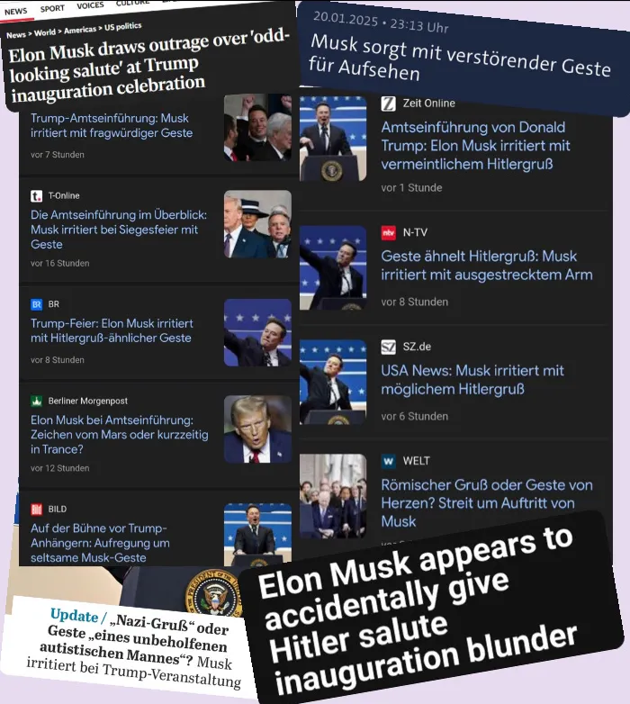 Eine Ansammlung verschiedener Schlagzeilen zu Elon Musks Hitlergruß. Keine schafft es, das offensichtliche zu benennen.