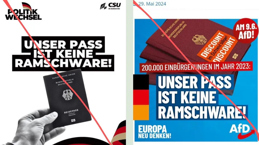 Zwei nebeneinander gestellte Sharepics. Beide haben als im Mittelpunkt stehende Phrase "Unser Pass ist keine Ramschware!"
Das linke ist aus dem BTW25-Wahlkampf und von der CSU, das Rechte aus dem Europa24-Wahlkampf und von der AfD