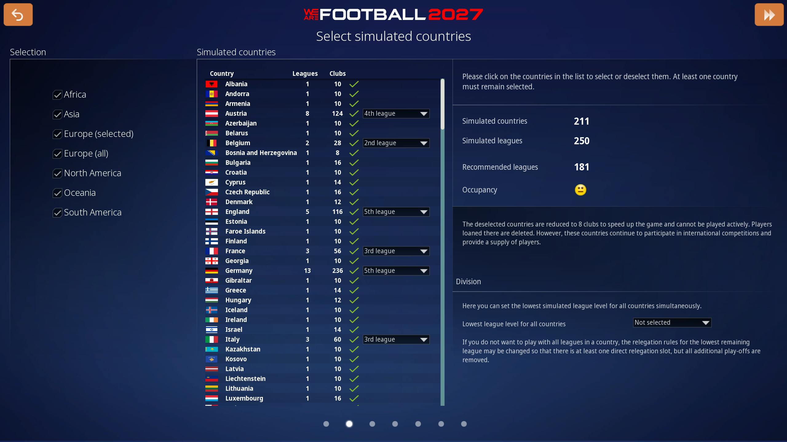 The screen shows the new country list and the option to select the deepest simulated league level per country.