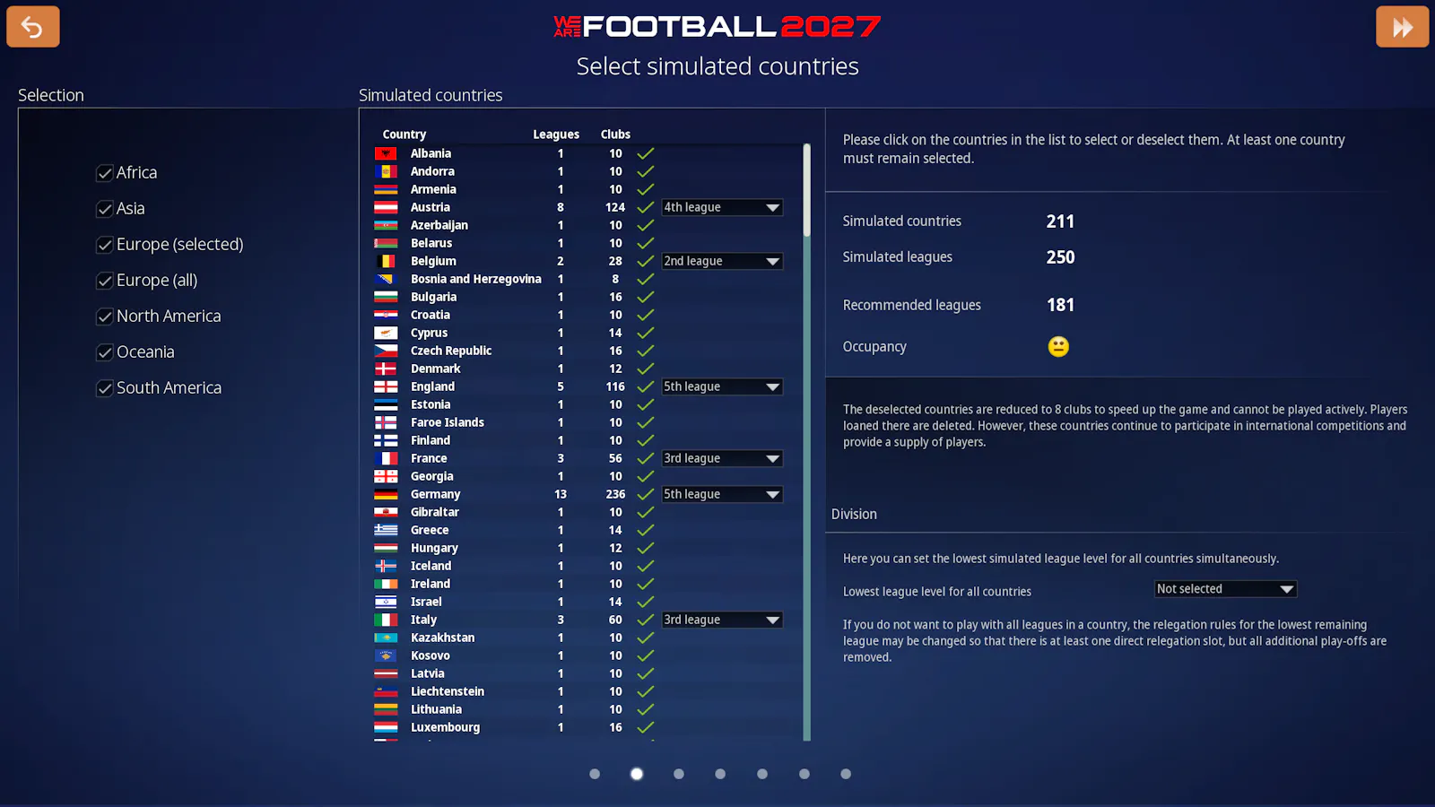 The screen shows the new country list and the option to select the deepest simulated league level per country.
