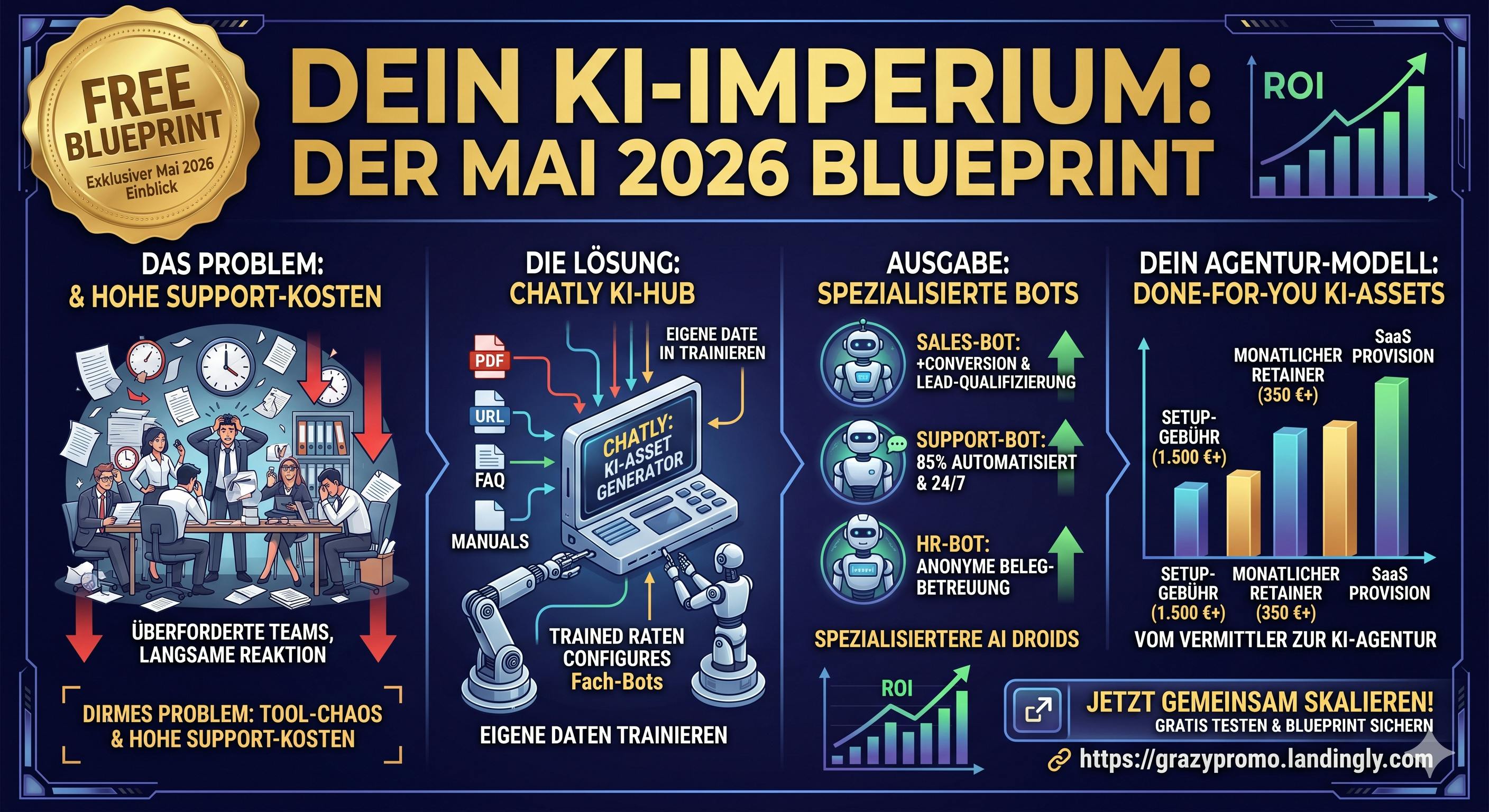 Detaillierte und verkaufsstarke Infografik mit goldenem "FREE BLUEPRINT" Siegel: Der Masterplan für den Aufbau einer hochprofitablen KI-Agentur im Mai 2026. Das Bild visualisiert die Lösung für überlastete Teams und hohe Support-Kosten durch den "Chatly KI-Hub". Es zeigt anschaulich, wie Firmendaten (PDFs, URLs, FAQs) in spezialisierte Fach-Bots (Sales-Bot, Support-Bot, HR-Bot) verwandelt werden. Auf der rechten Seite wird das lukrative "Done-For-You" Agentur-Modell mit skalierbaren Einnahmen durch Setup-Gebühren, monatliche Retainer und SaaS-Provisionen verdeutlicht. Abgeschlossen mit einem klaren Call-to-Action zum sofortigen Gratis-Test unter https://grazypromo.landingly.com.