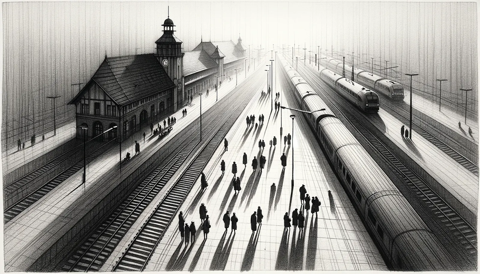 Eine minimalistische, atmosphärische Bleistiftskizze eines deutschen Bahnhofs von oben gesehen im Querformat. Die Skizze sollte lange Schatten und Menschen mit Hüten zeigen, wobei der Schwerpunkt auf vielen Bleistiftstrichen und einigen Kratzern liegt, um Textur hinzuzufügen. Die Zeichnung sollte das Wesen des Bahnhofs mit einfachen Linien und Schattierungen einfangen und die Anordnung der Gleise, Bahnsteige und des Bahnhofsgebäudes hervorheben. Die Atmosphäre sollte eher dunkel als hell sein und durch den Einsatz von Licht und Schatten subtil vermittelt werden, wobei der Schwerpunkt auf der eleganten Einfachheit der Szene liegt, die durch die Anwesenheit von Menschen und deren lange Schatten noch verstärkt wird.