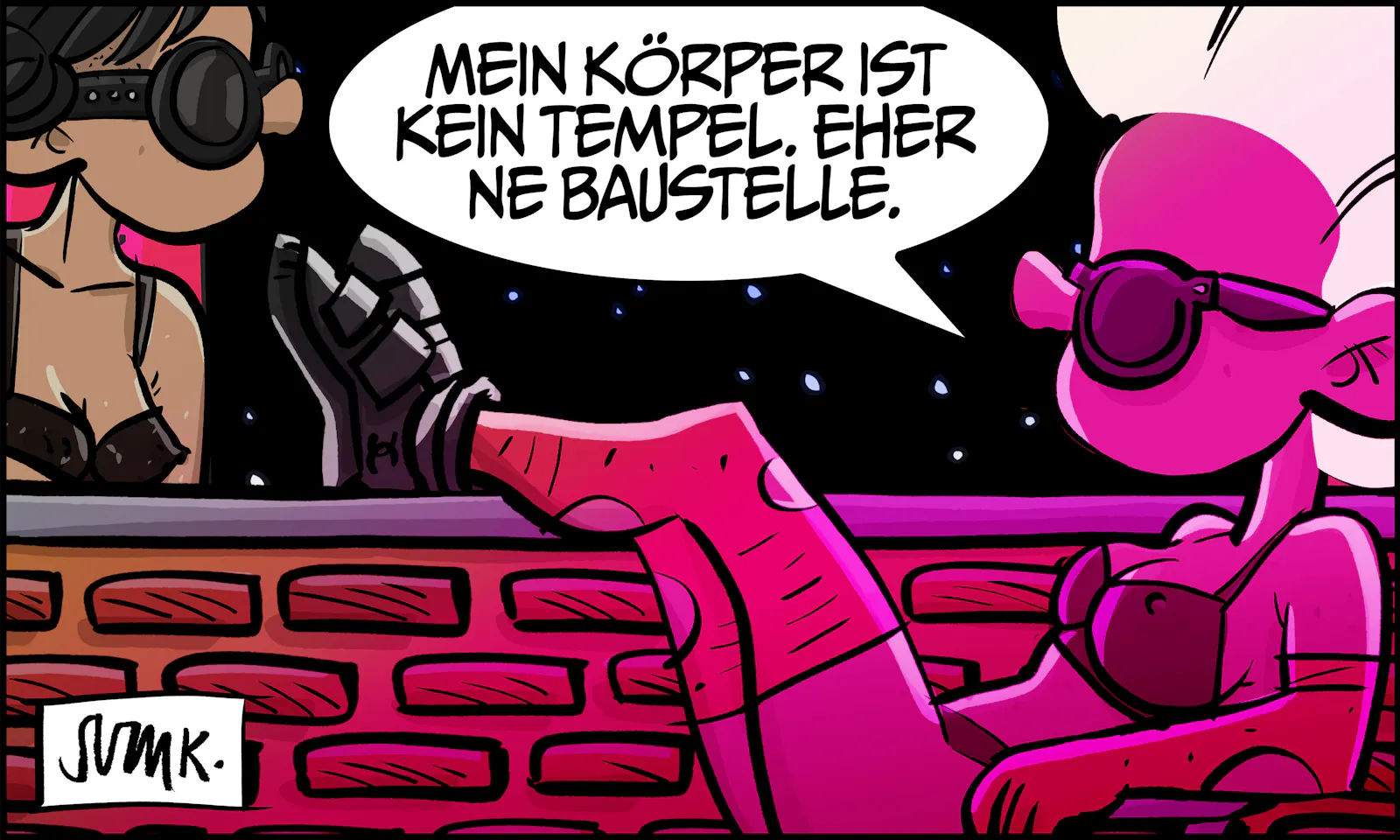 Ivy sitzt lässig an der Bar, ihre roten Sneakers auf dem Tresen. Neben ihr Gina. Beide tragen schwarze Outfits. Ivy: „Mein Körper ist kein Tempel. Eher 'ne Baustelle.“