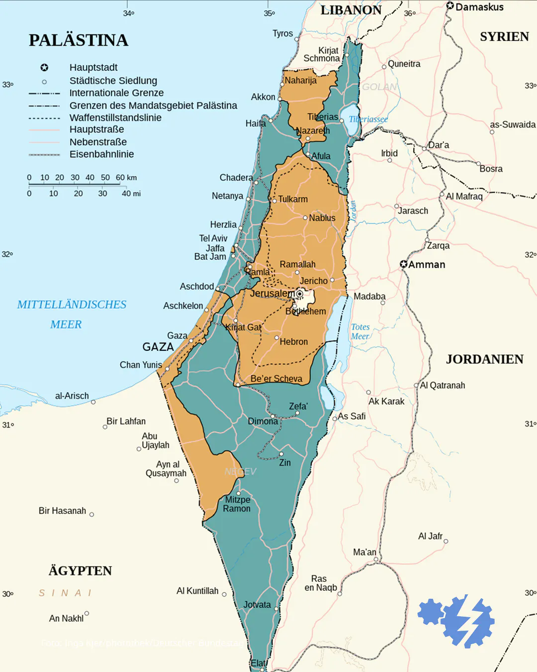 Karte des heutigen Israel mit den von der UN vorgesehenen zwei Staaten.