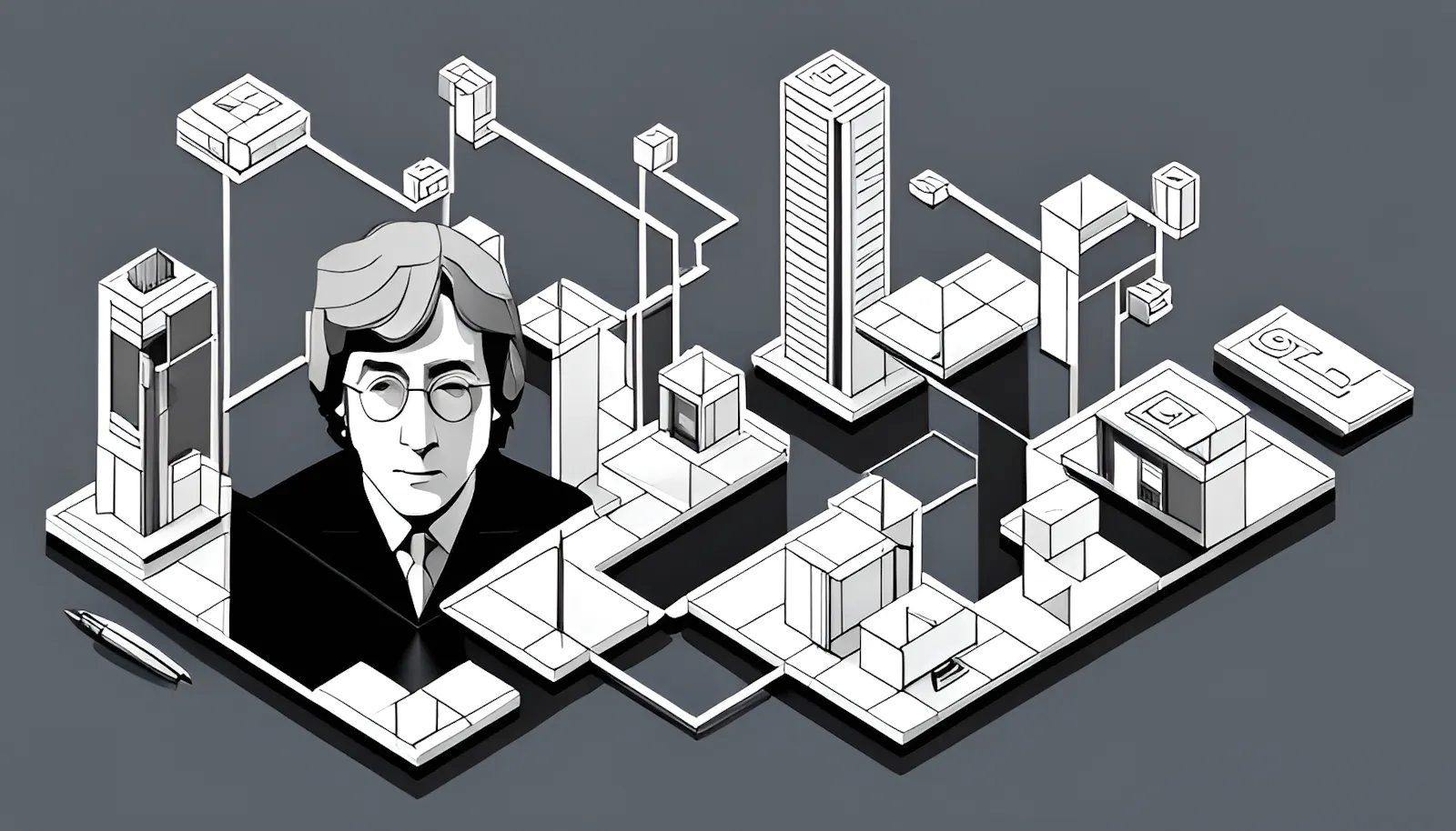 John Lennon amidst an isometric technical drawing