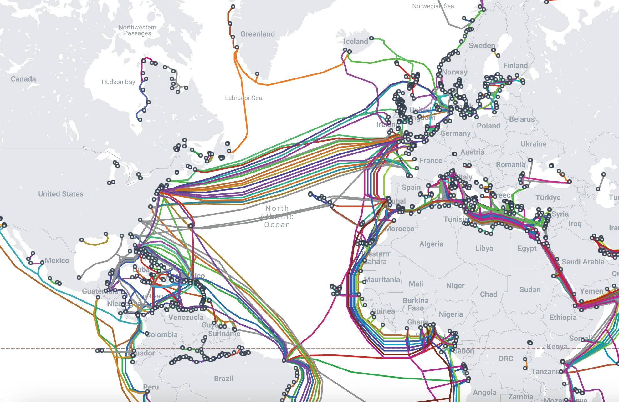 Die Grafik zeigt einen Teil des weltweiten Unterwasserkabel-Systems