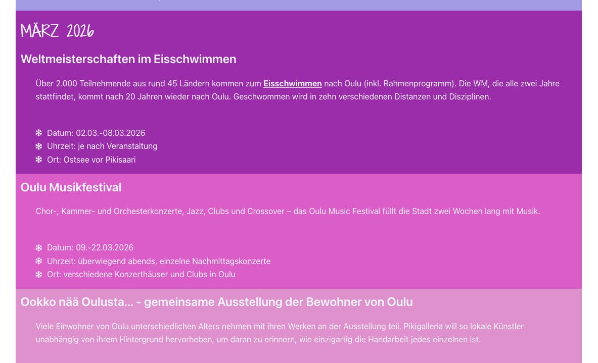 Screenshot vom Veranstaltungskalender Tarjas Blog