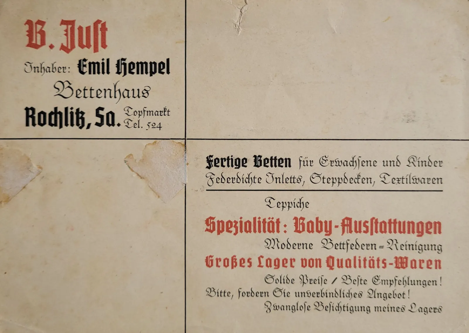 Werbepostkarte, ca. 100 Jahre alt. Aufdruck: B. Just, Inhaber Emil Hempel, Bettenhaus, Rochlitz, Sa., Topfmarkt