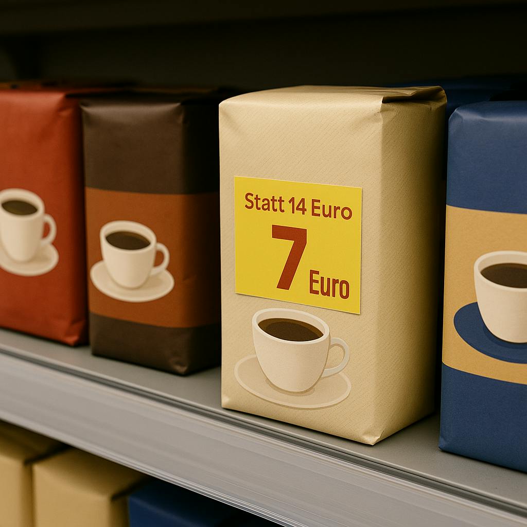 Auf diesem Bild ist ein Supermarktregal mit verschiedenen Kaffeepackungen zu sehen. Auf einer Packung befindet sich ein auffälliges Rabattschild. Darauf steht: „Statt 14 Euro nur 7 Euro.”